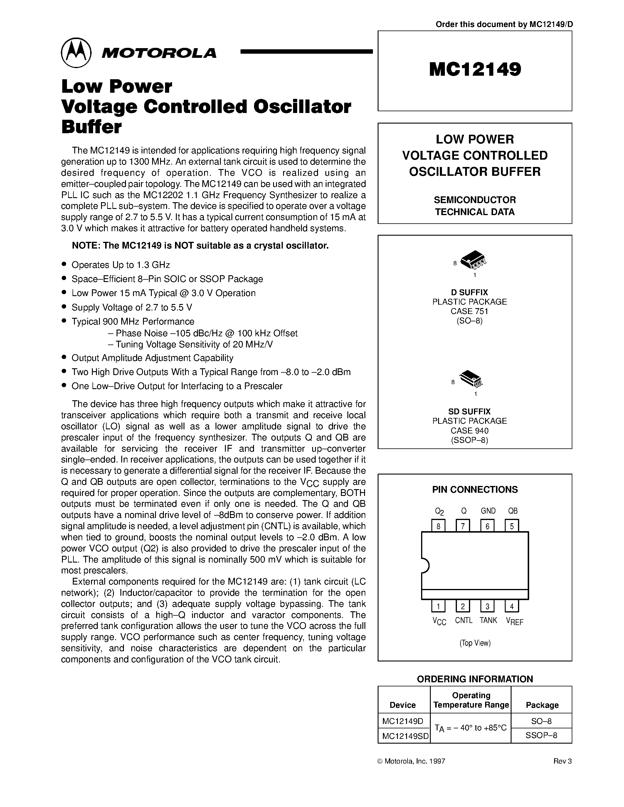 Datasheet MC12149D - LOW POWER VOLTAGE CONTROLLED OSCILLATOR BUFFER page 1
