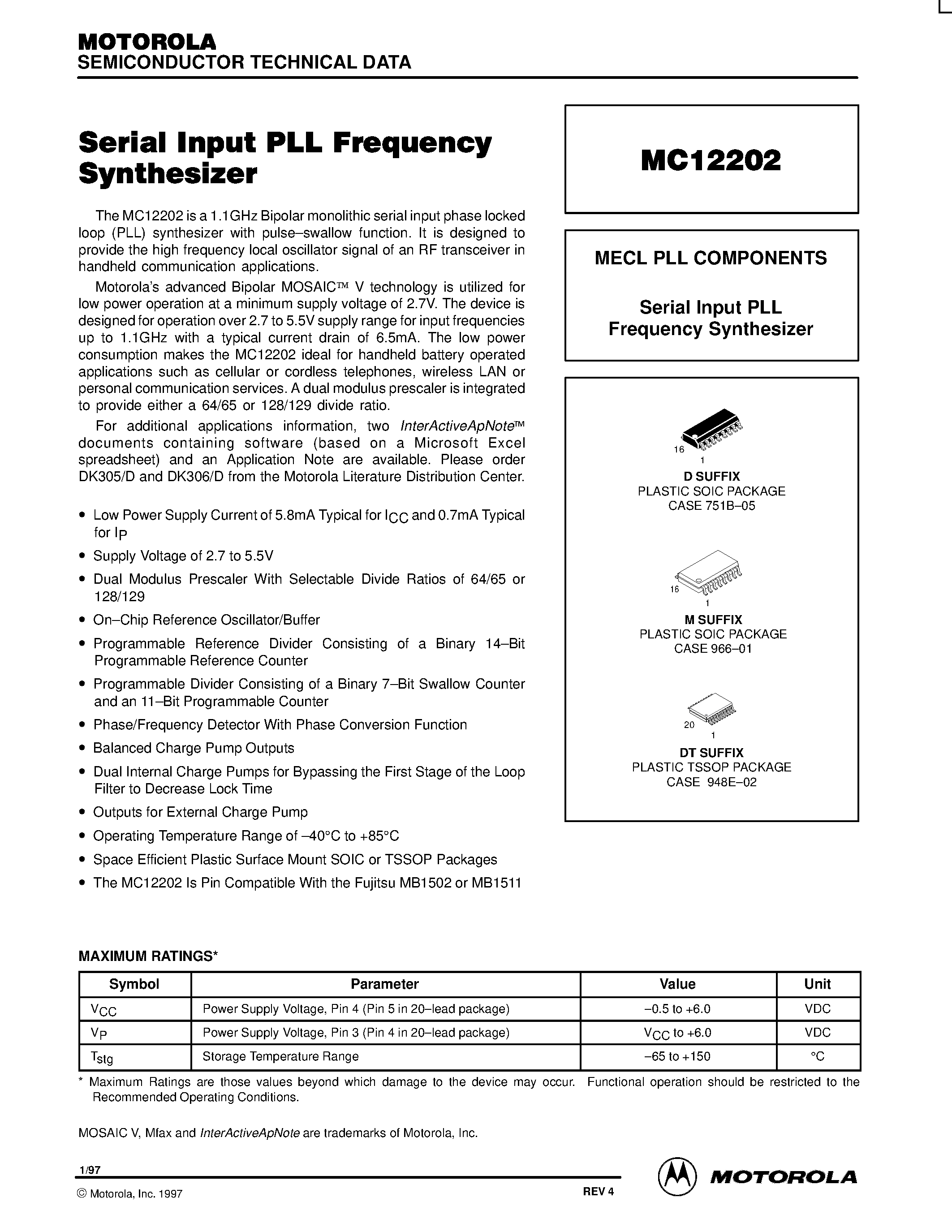 Datasheet MC12202D - MECL PLL COMPONENTS Serial Input PLL Frequency Synthesizer page 1