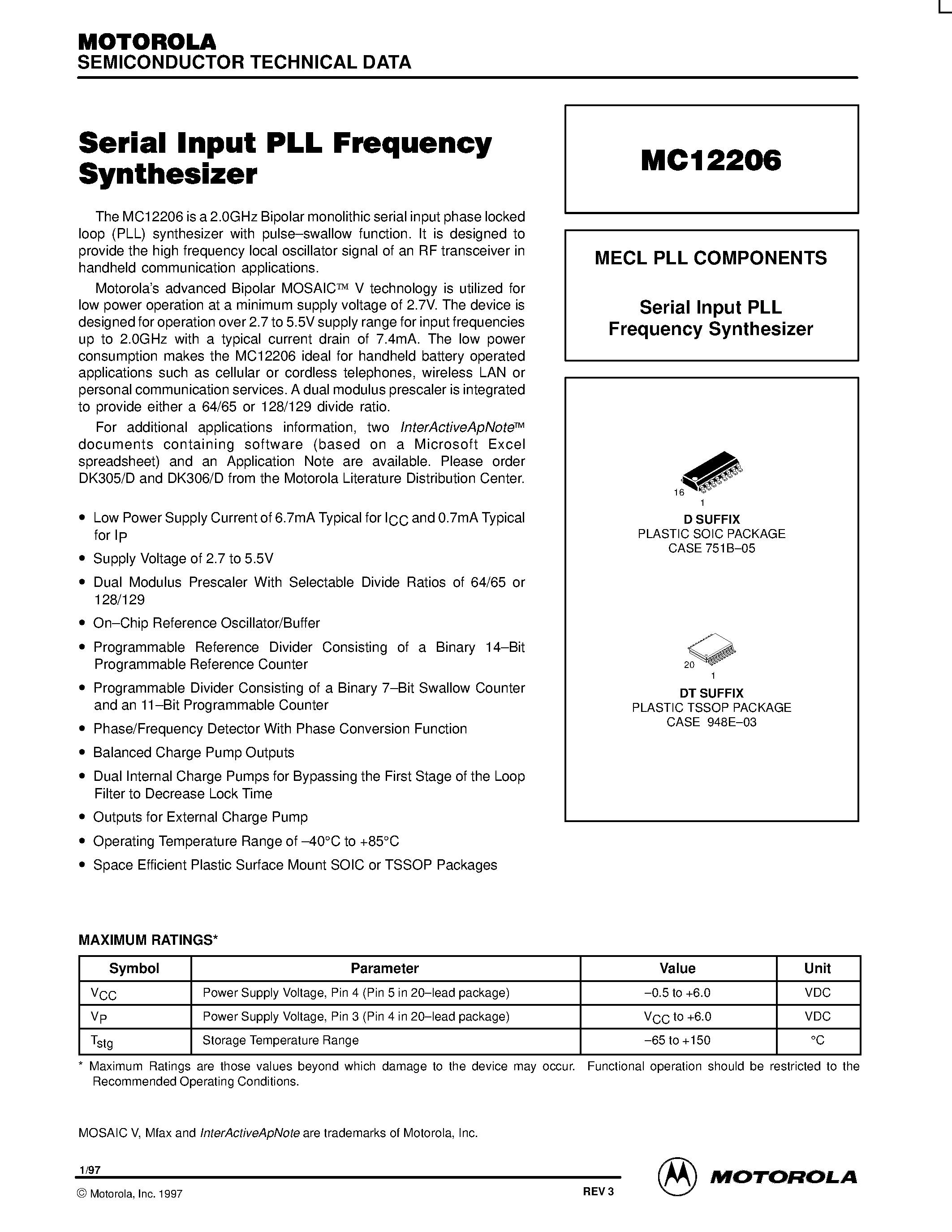 Datasheet MC12206D - MECL PLL COMPONENTS Serial Input PLL Frequency Synthesizer page 1