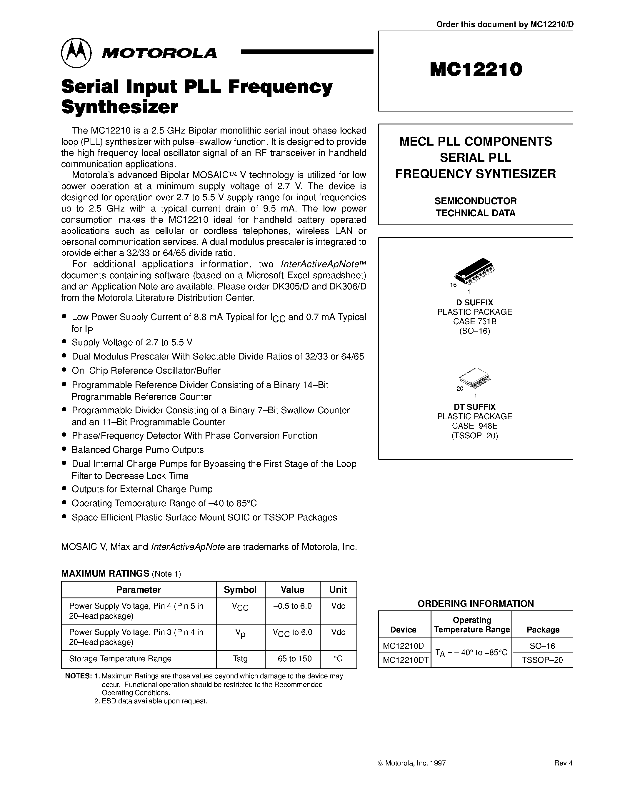 Datasheet MC12210D - MECL PLL COMPONENTS SERIAL PLL FREQUENCY SYNTIESIZER page 1