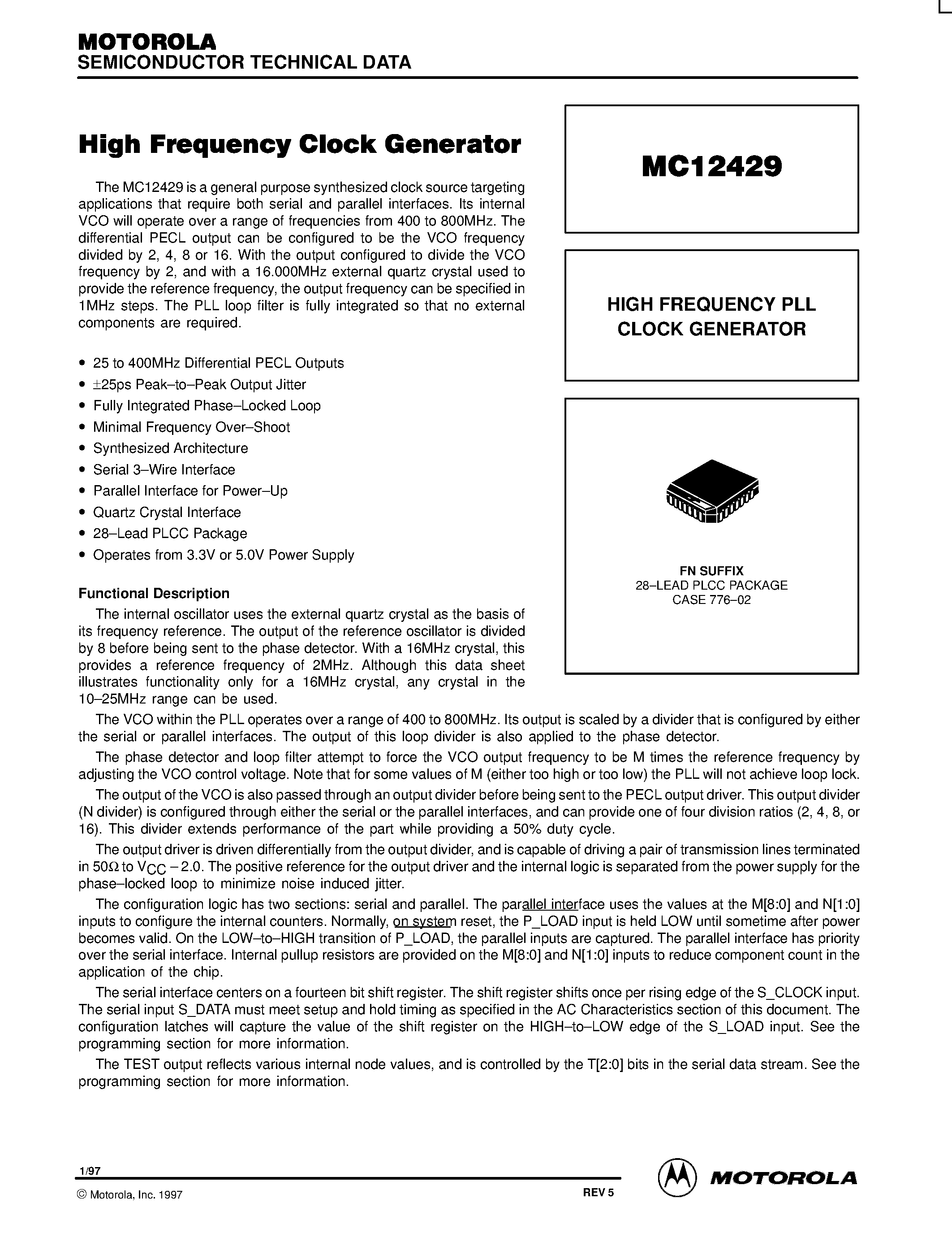 Datasheet MC12429FN - HIGH FREQUENCY PLL CLOCK GENERATOR page 1
