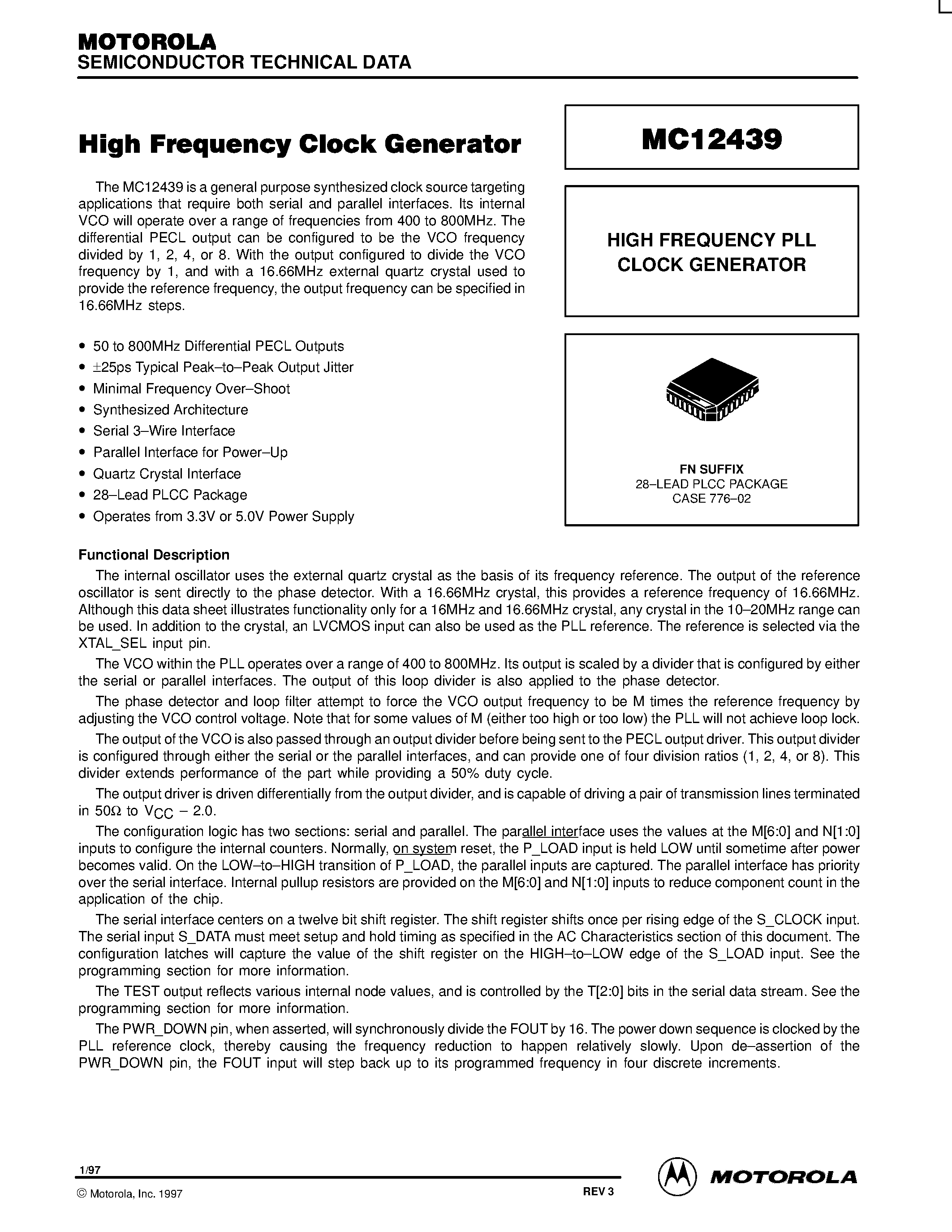 Datasheet MC12439 - HIGH FREQUENCY PLL CLOCK GENERATOR page 1