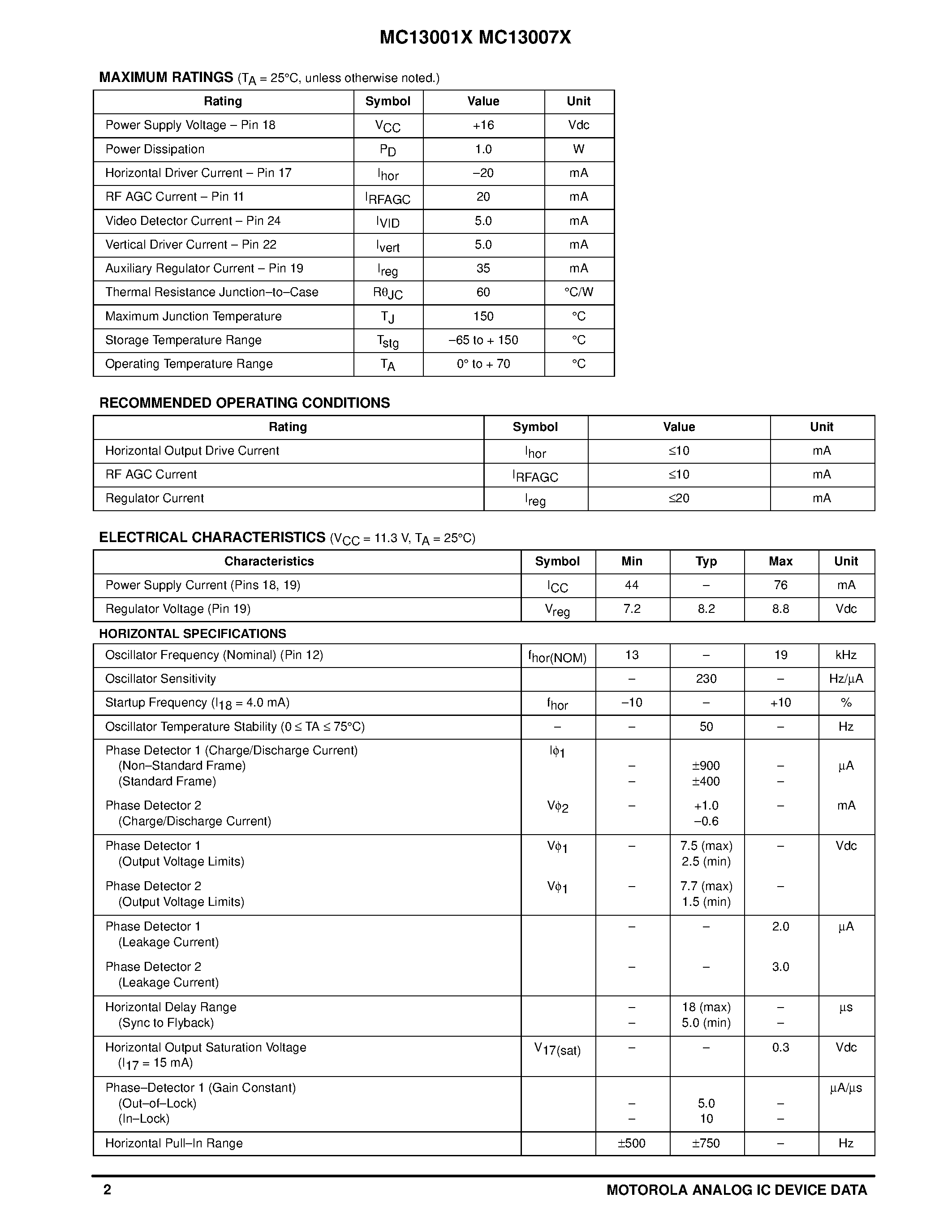 Datasheet MC13001XP - MONOMAX BLACK AND WHITE TV SUBSYSTEM page 2