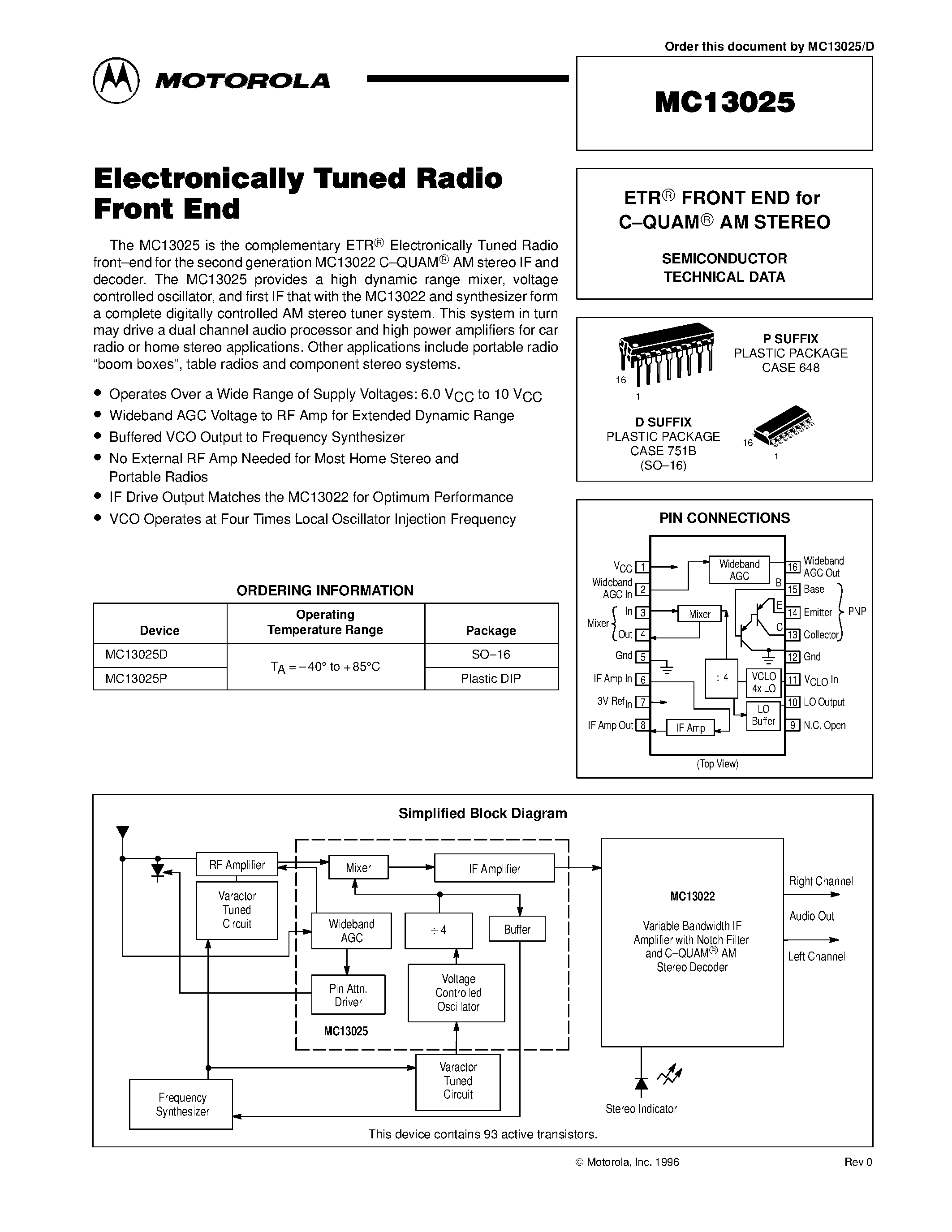 Даташит MC13025D - Electronically Tuned Radio Front End страница 1