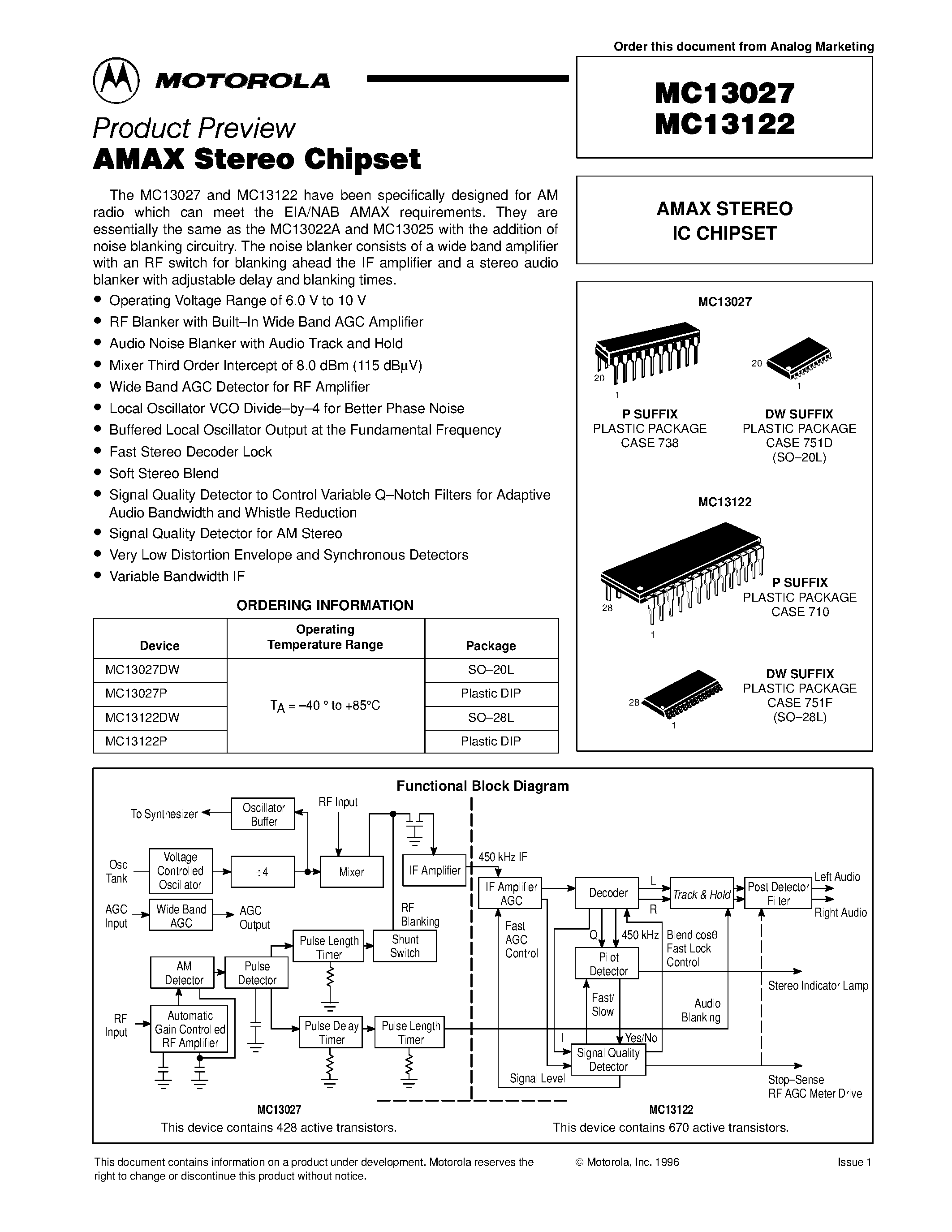 Даташит MC13027P - AMAX STEREO IC CHIPSET страница 1