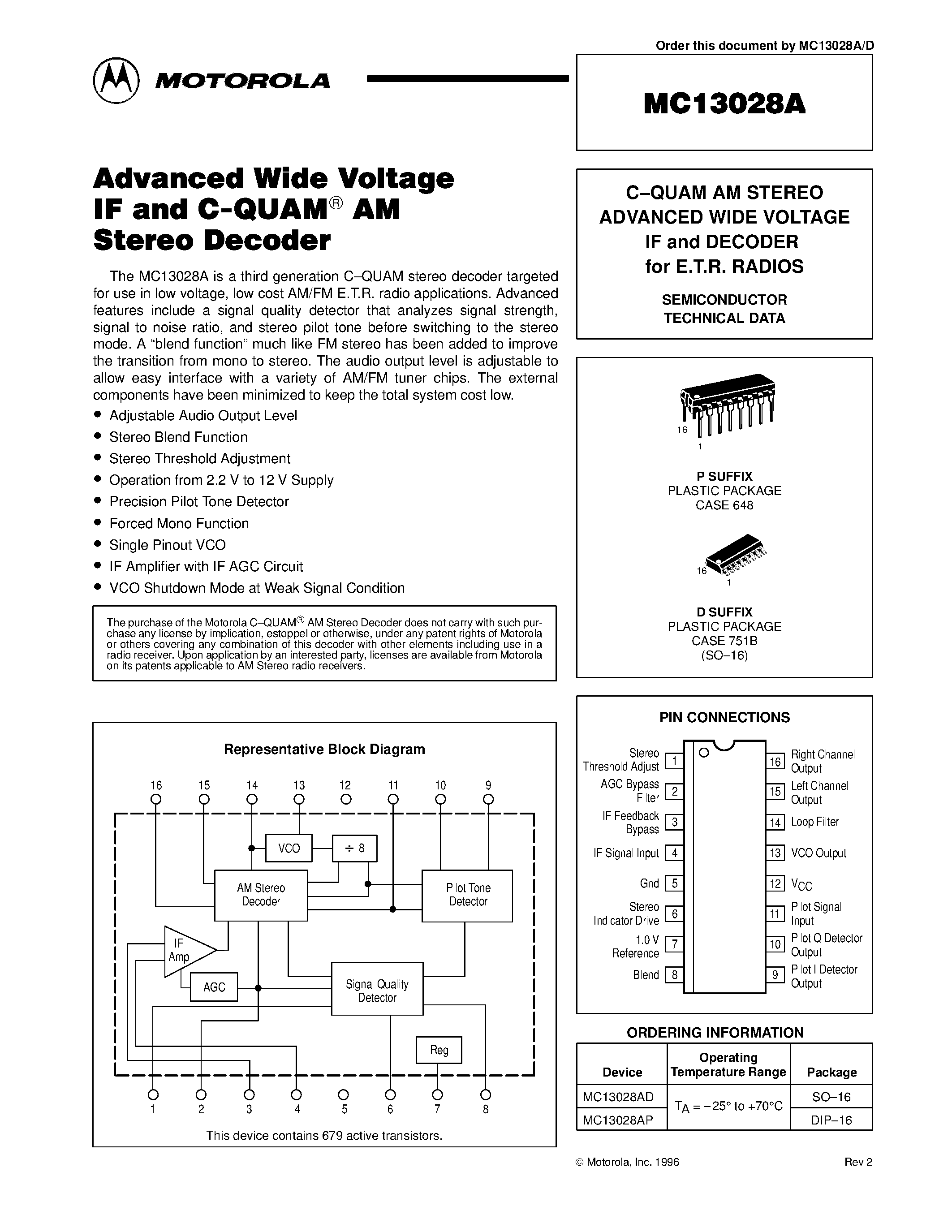 Datasheet MC13028AD - C-QUAM AM STEREO ADVANCED WIDE VOLTAGE IF and DECODER for E.T.R. RADIOS page 1