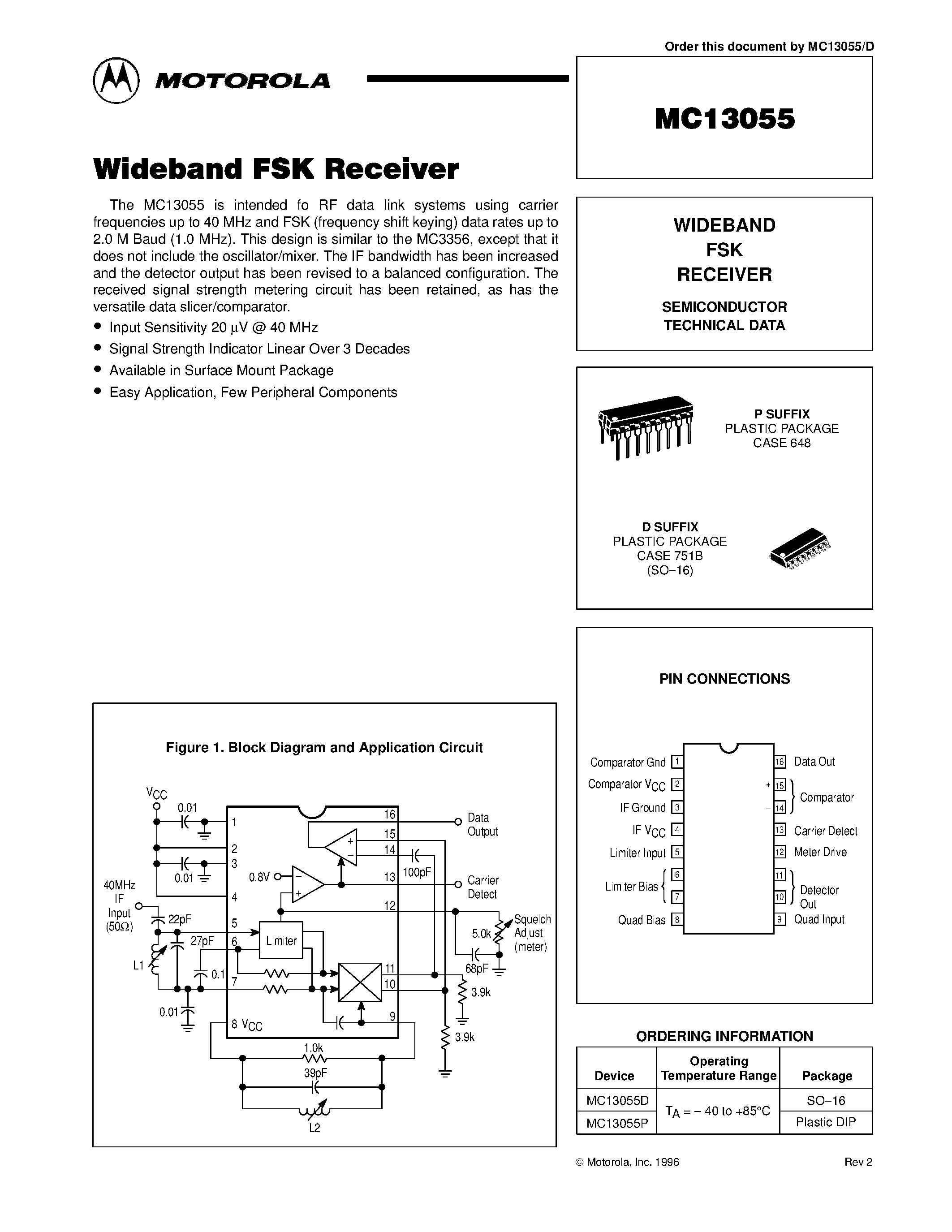 Datasheet MC13055 - WIDEBAND FSK RECEIVER page 1