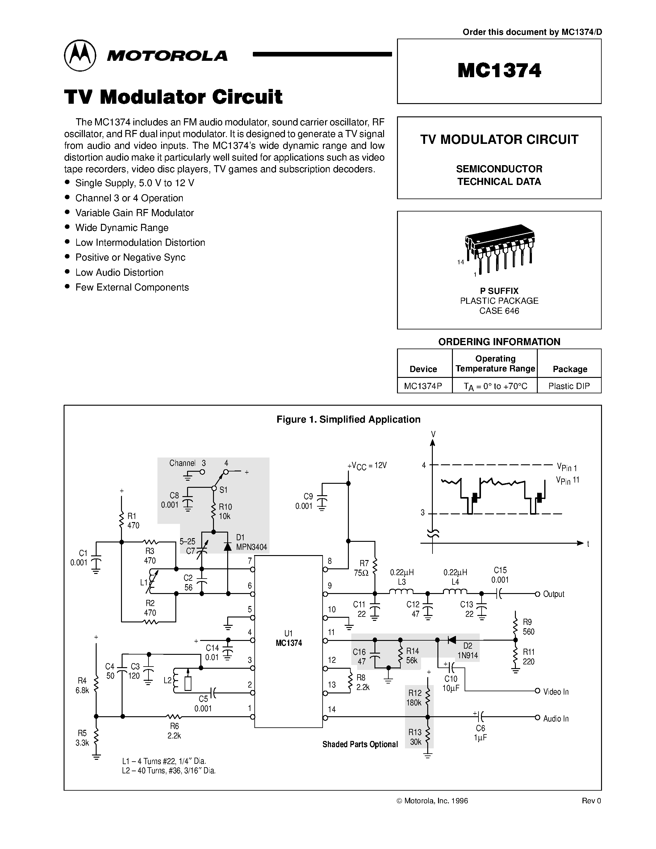Datasheet MC1374P - TV MODULATOR CIRCUIT page 1