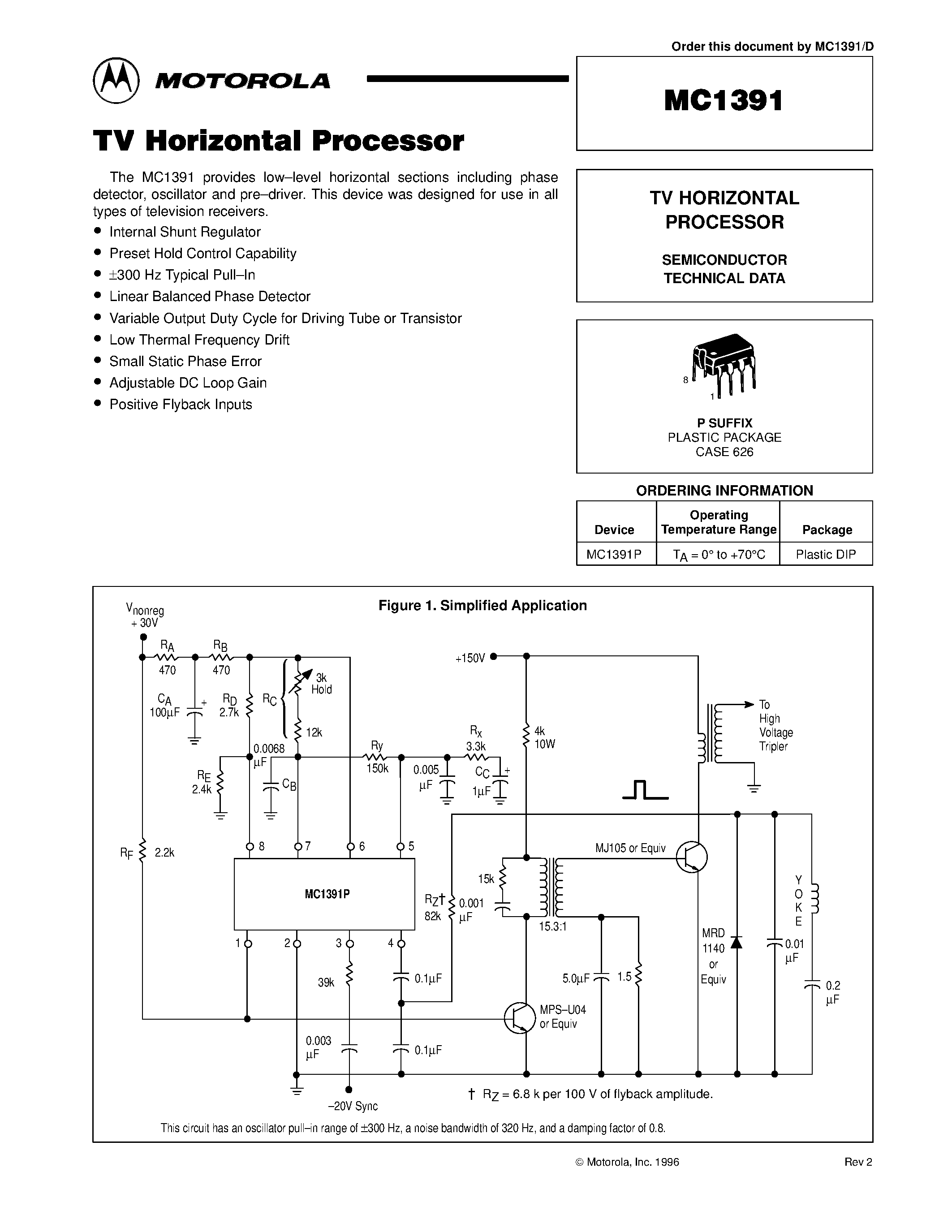 Datasheet MC1391 - TV HORIZONTAL PROCESSOR page 1
