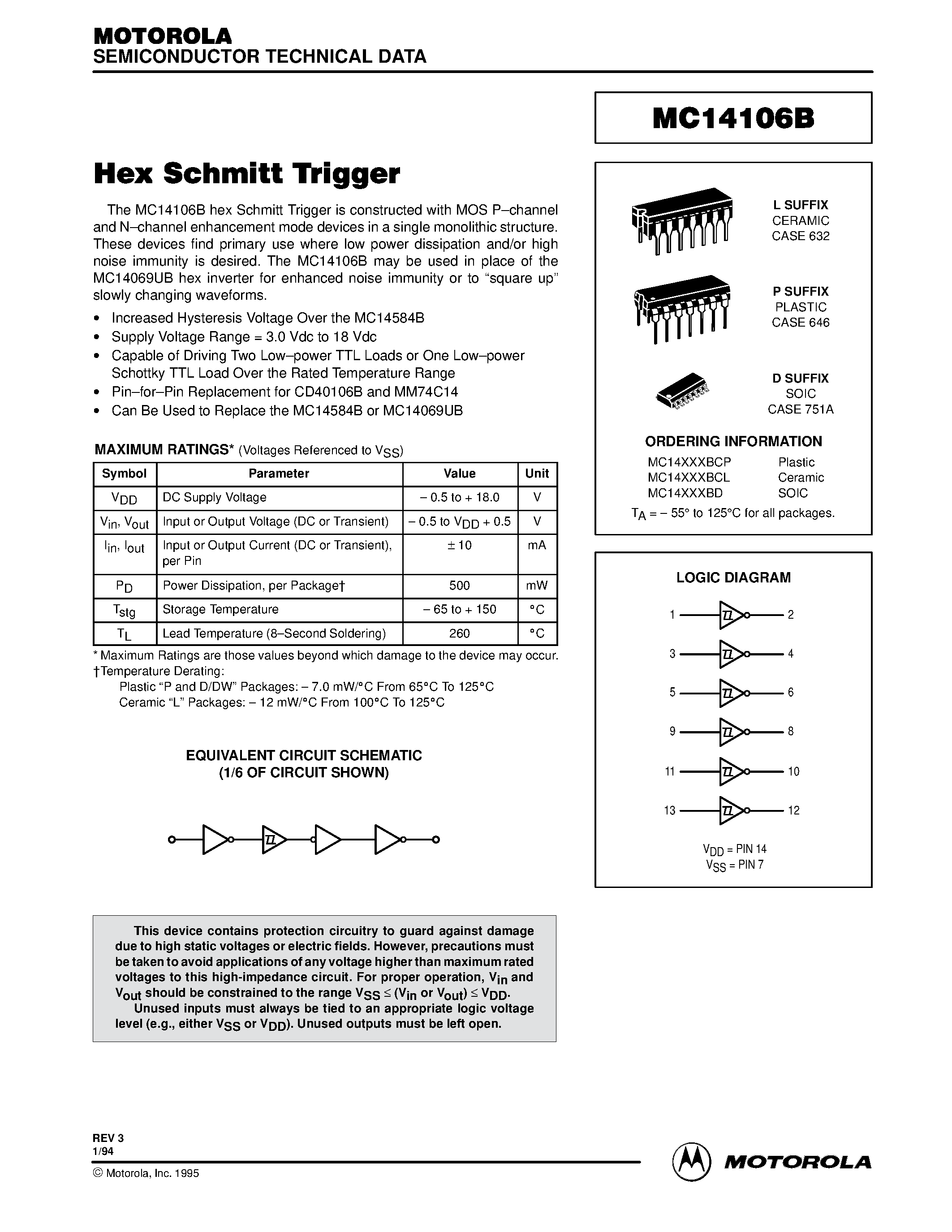 Datasheet MC14106BCP - Hex Schmitt Trigger page 1