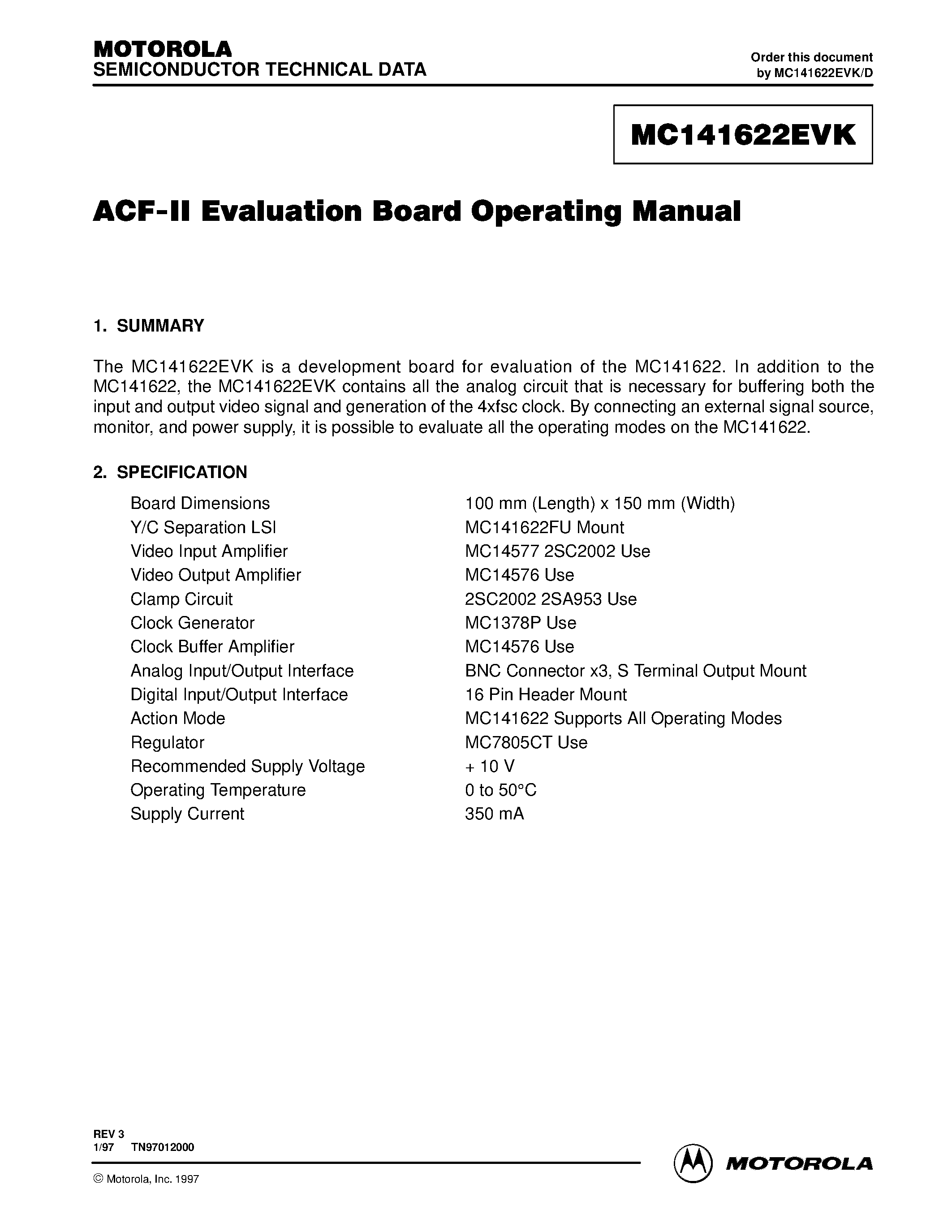 Даташит MC141622FU - ACF-II Evaluation Board Operating Manual страница 1