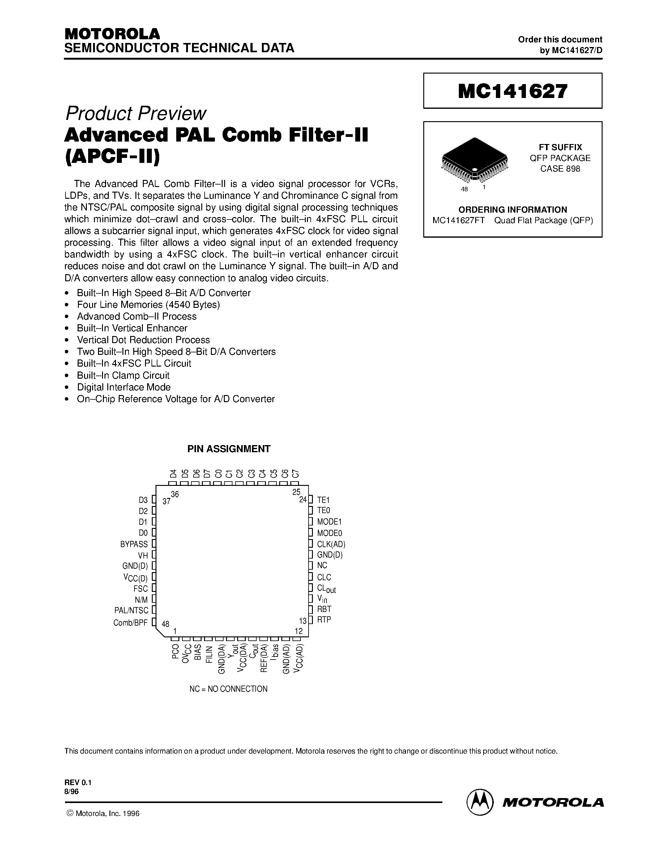 Даташит MC141627FT - Advanced PAL Comb Filter-II(APCF-II) страница 1