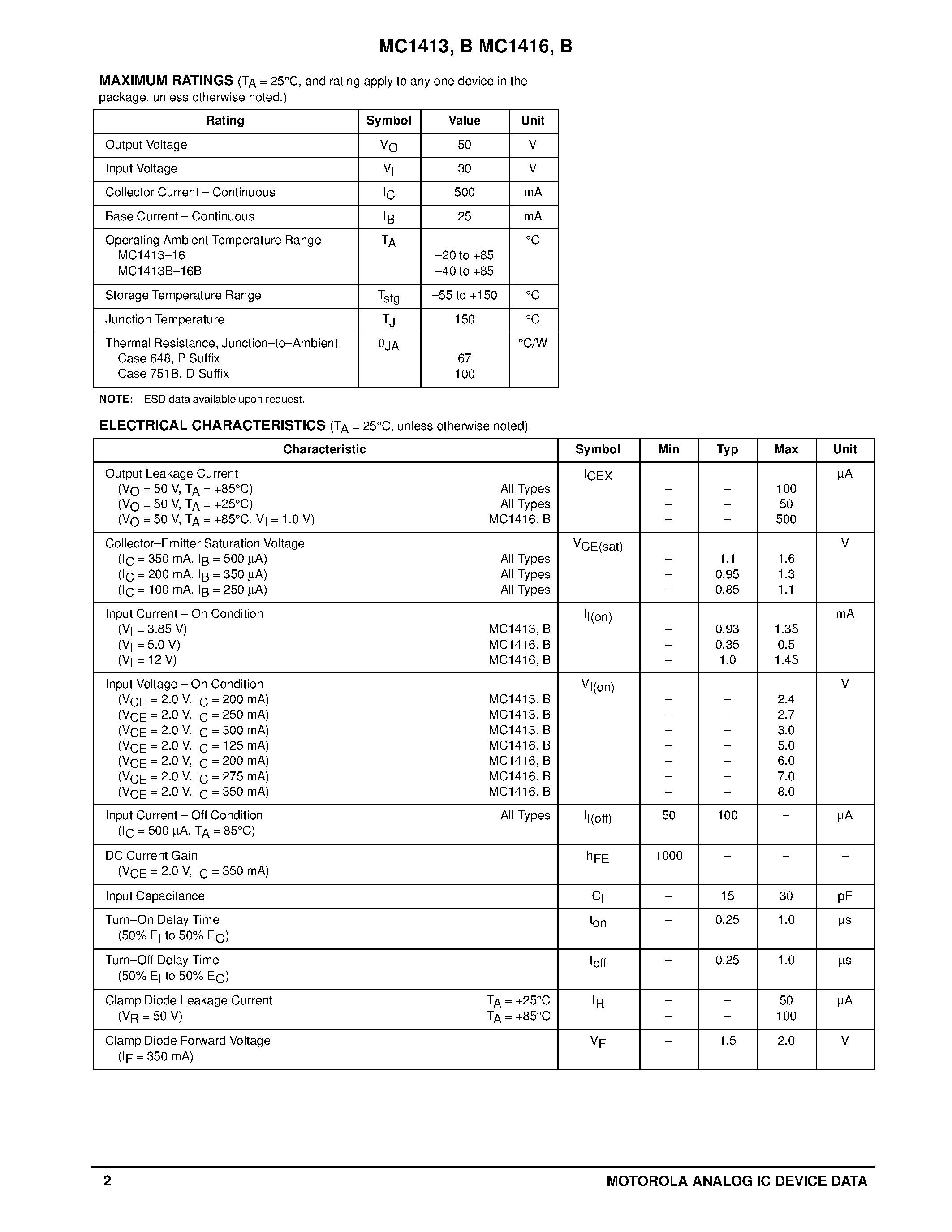 Datasheet MC1416P - PERIPHERAL DRIVER ARRAYS page 2