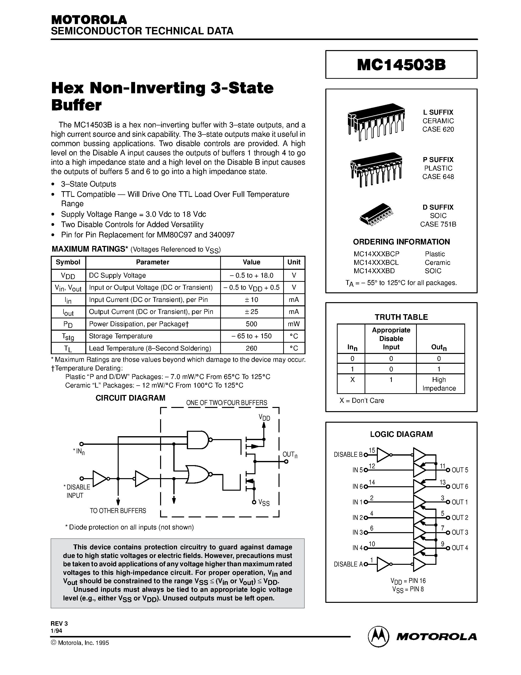 Datasheet MC14503BCL - Hex Non-Inverting 3-State Buffer page 1
