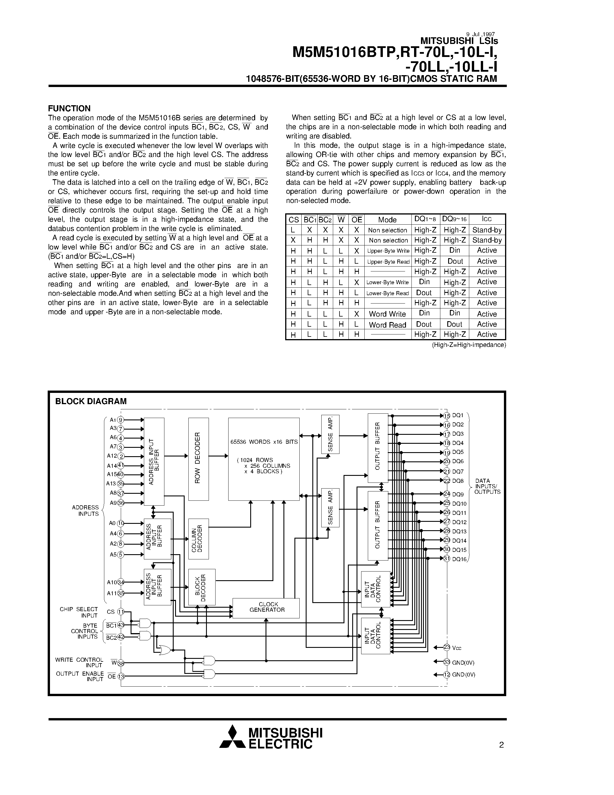 Datasheet M5M51016BRT-10L-I - 1048576-BIT(65536-WORD BY 16-BIT)CMOS STATIC RAM page 2