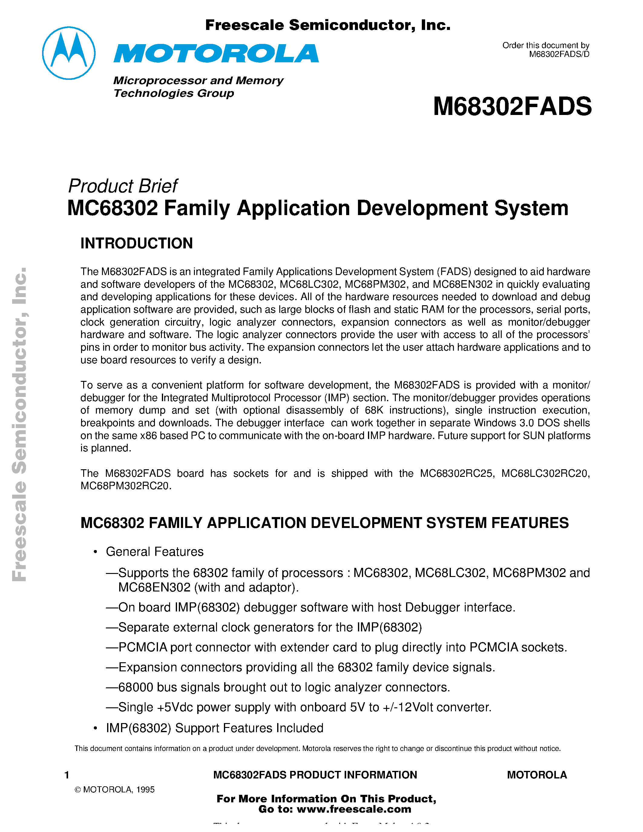 Datasheet M68302FADS - MC68302 Family Application Development System page 1