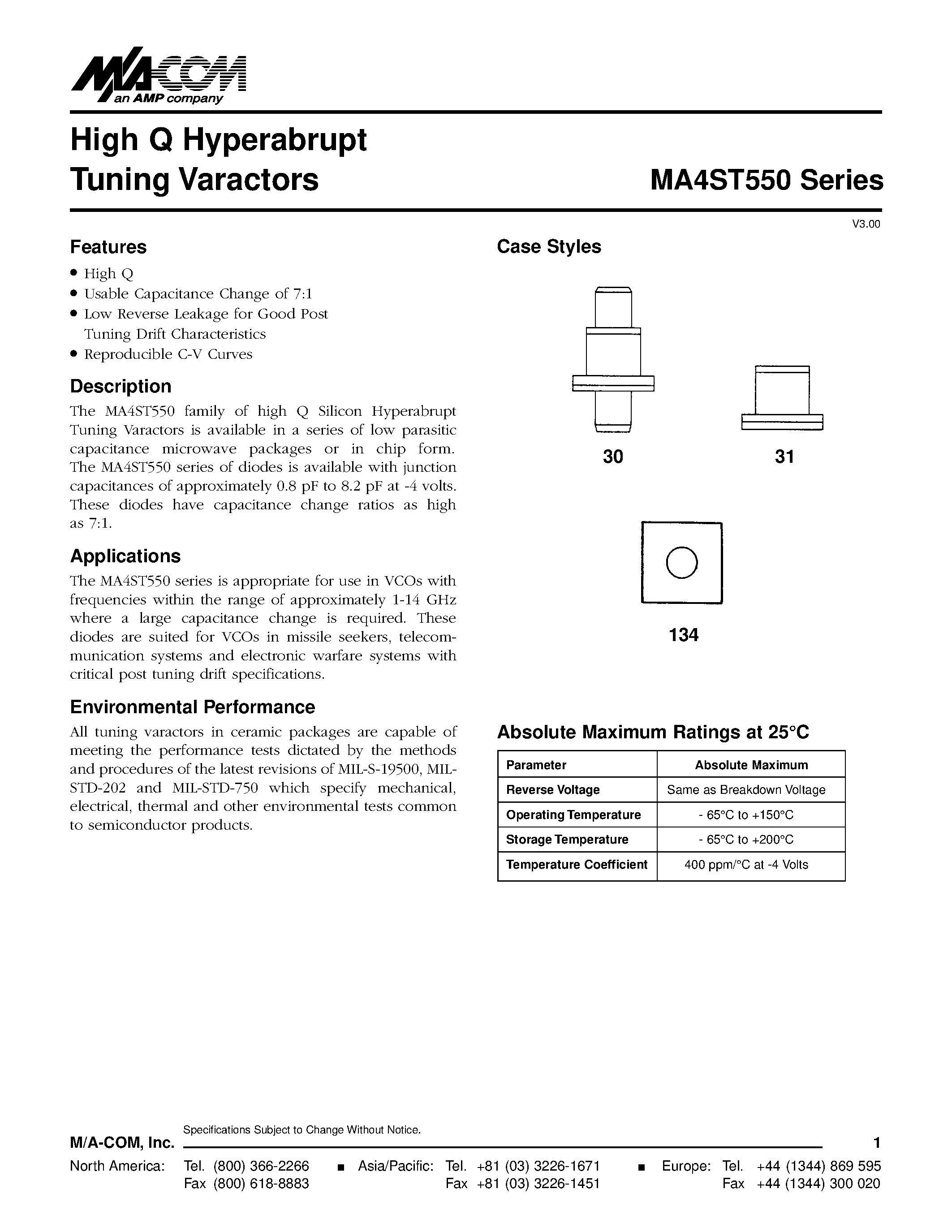 Даташит MA4ST550 - High Q Hyperabrupt Tuning Varactors страница 1