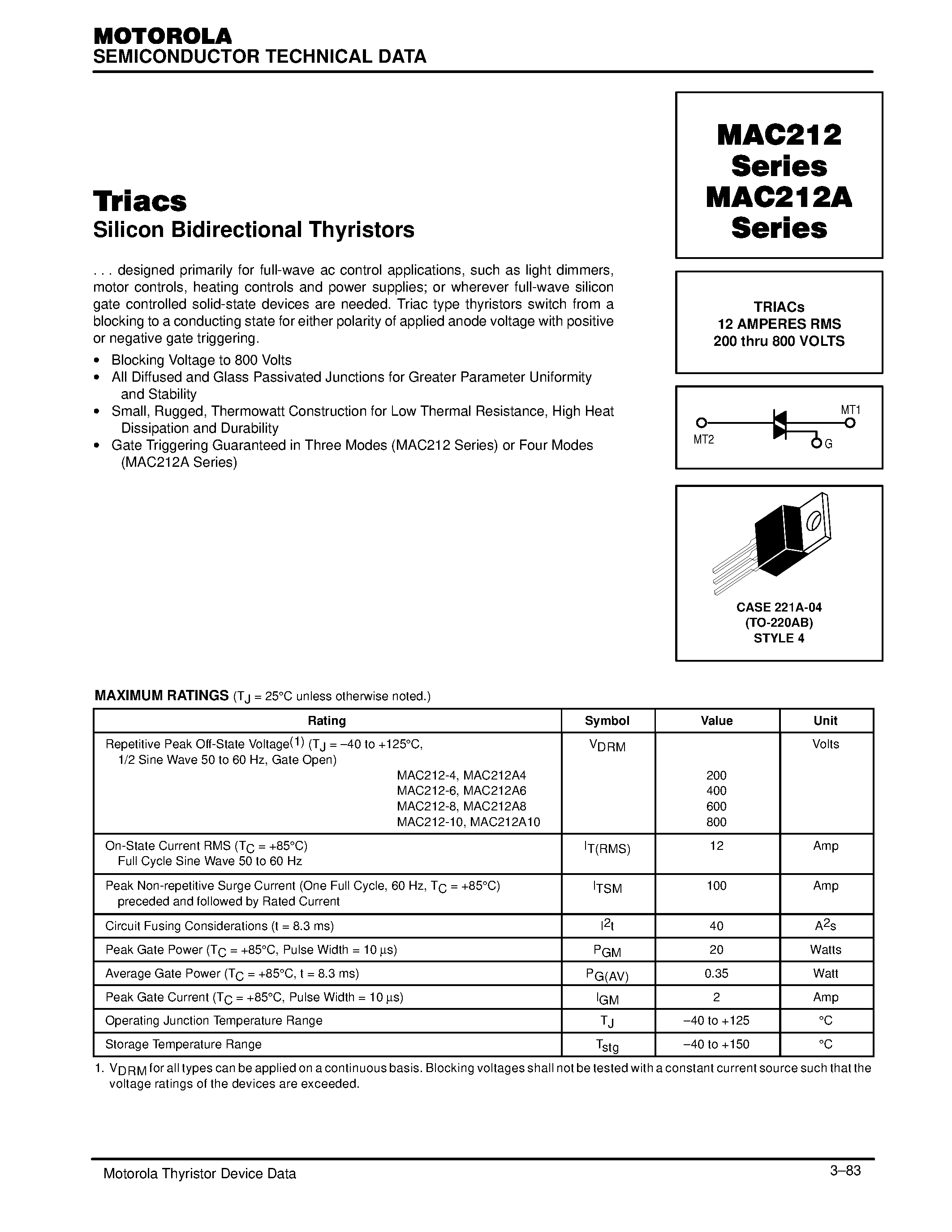 Datasheet MAC212 - TRIACs 12 AMPERES RMS 200 thru 800 VOLTS page 1