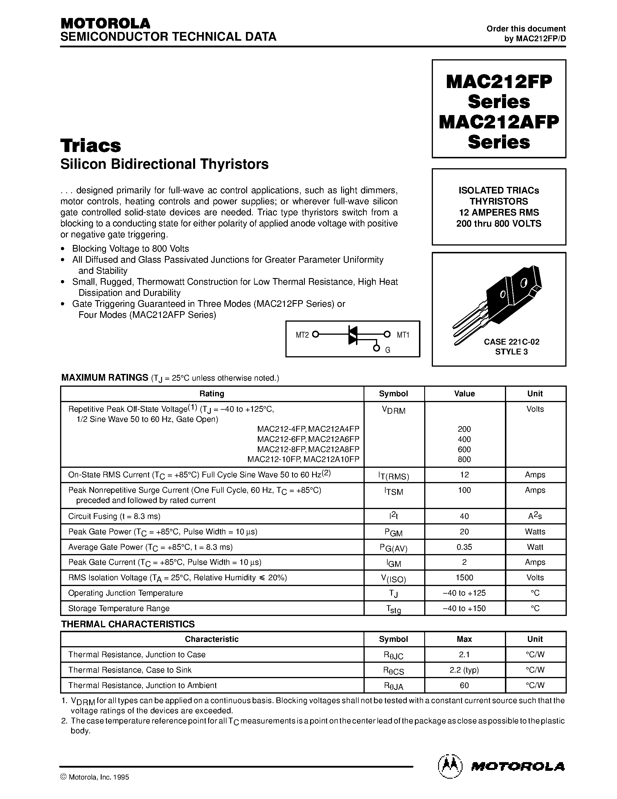 Datasheet MAC212-10FP - ISOLATED TRIACs THYRISTORS 12 AMPERES RMS 200 thru 800 VOLTS page 1