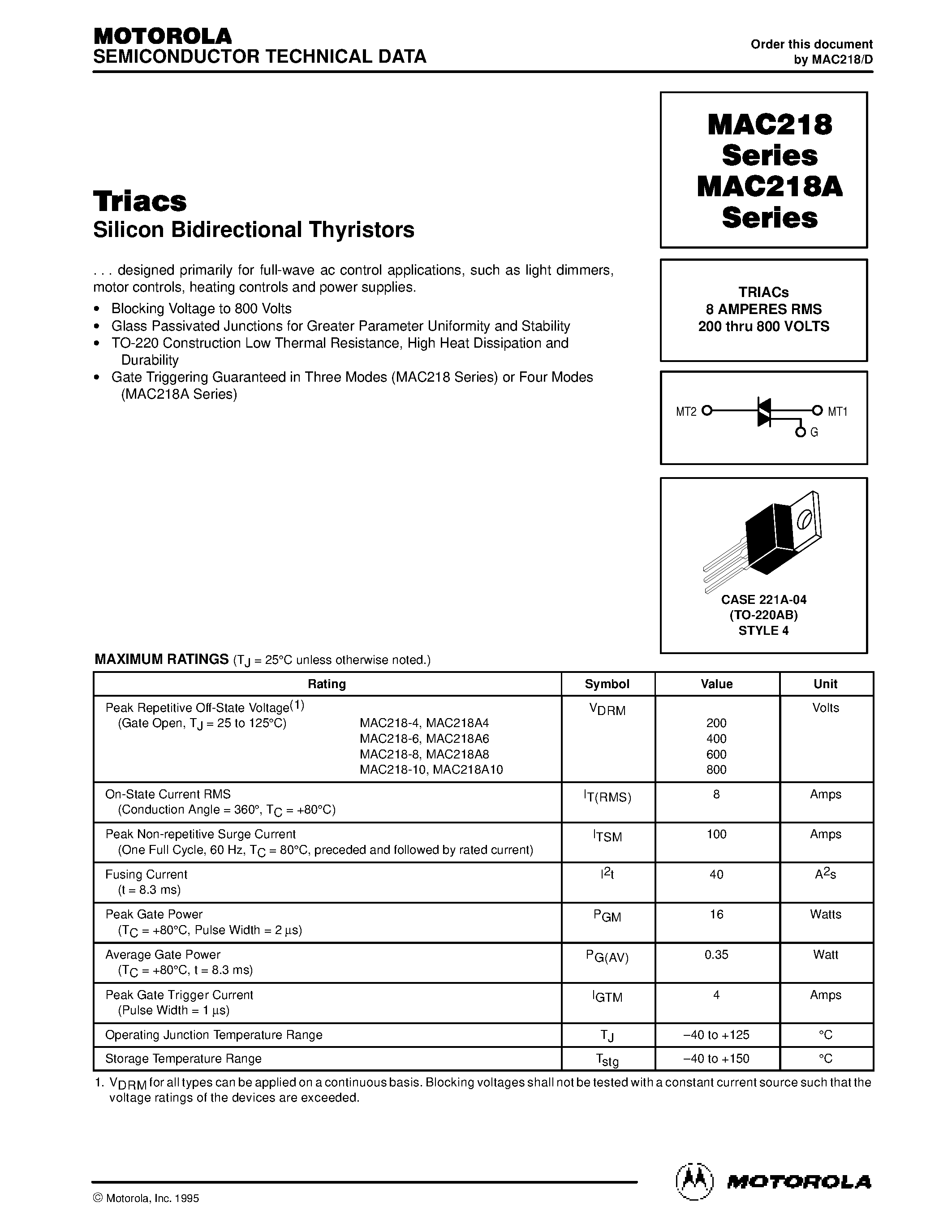 Datasheet MAC218-8 - TRIACs 8 AMPERES RMS 200 thru 800 VOLTS page 1