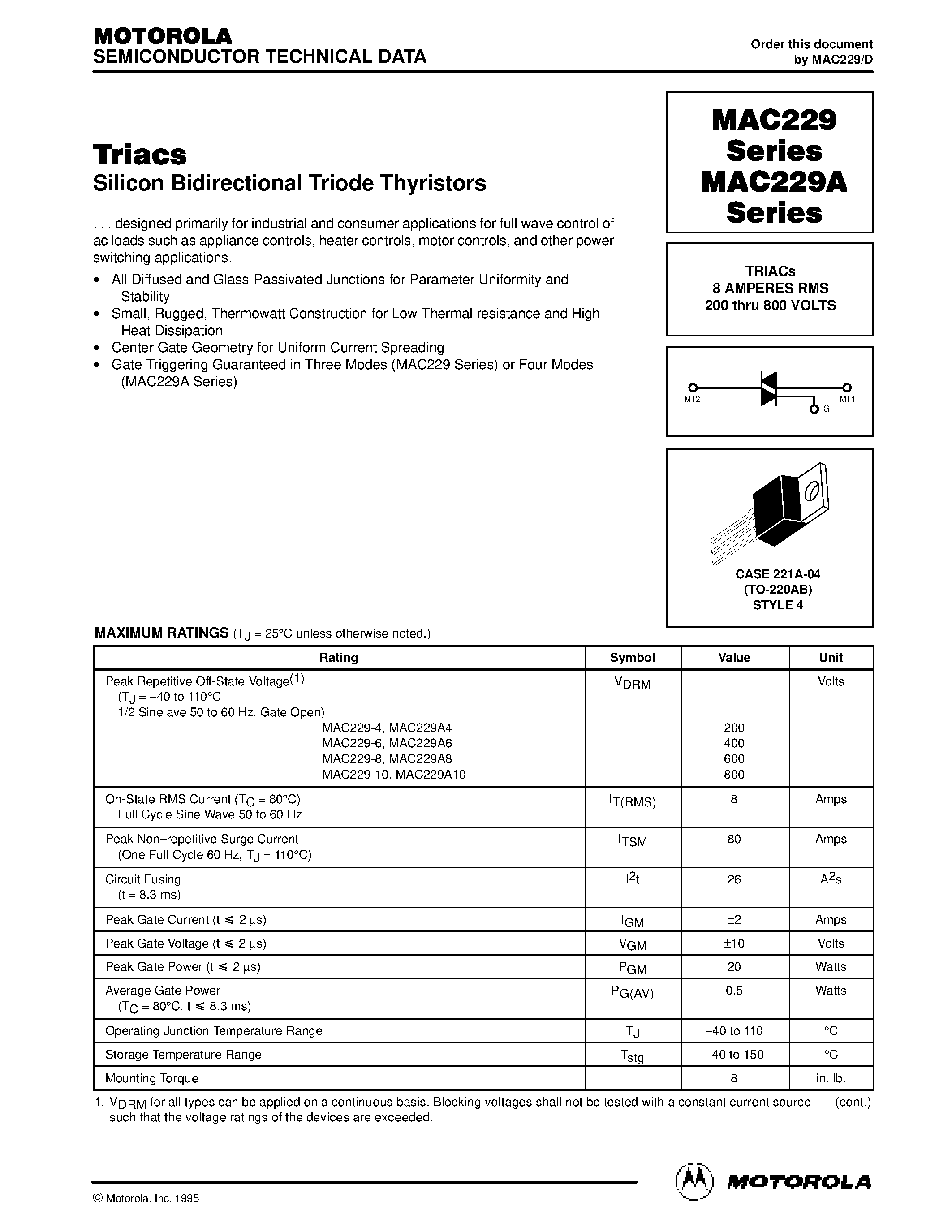 Datasheet MAC229-8 - TRIACs 8 AMPERES RMS 200 thru 800 VOLTS page 1
