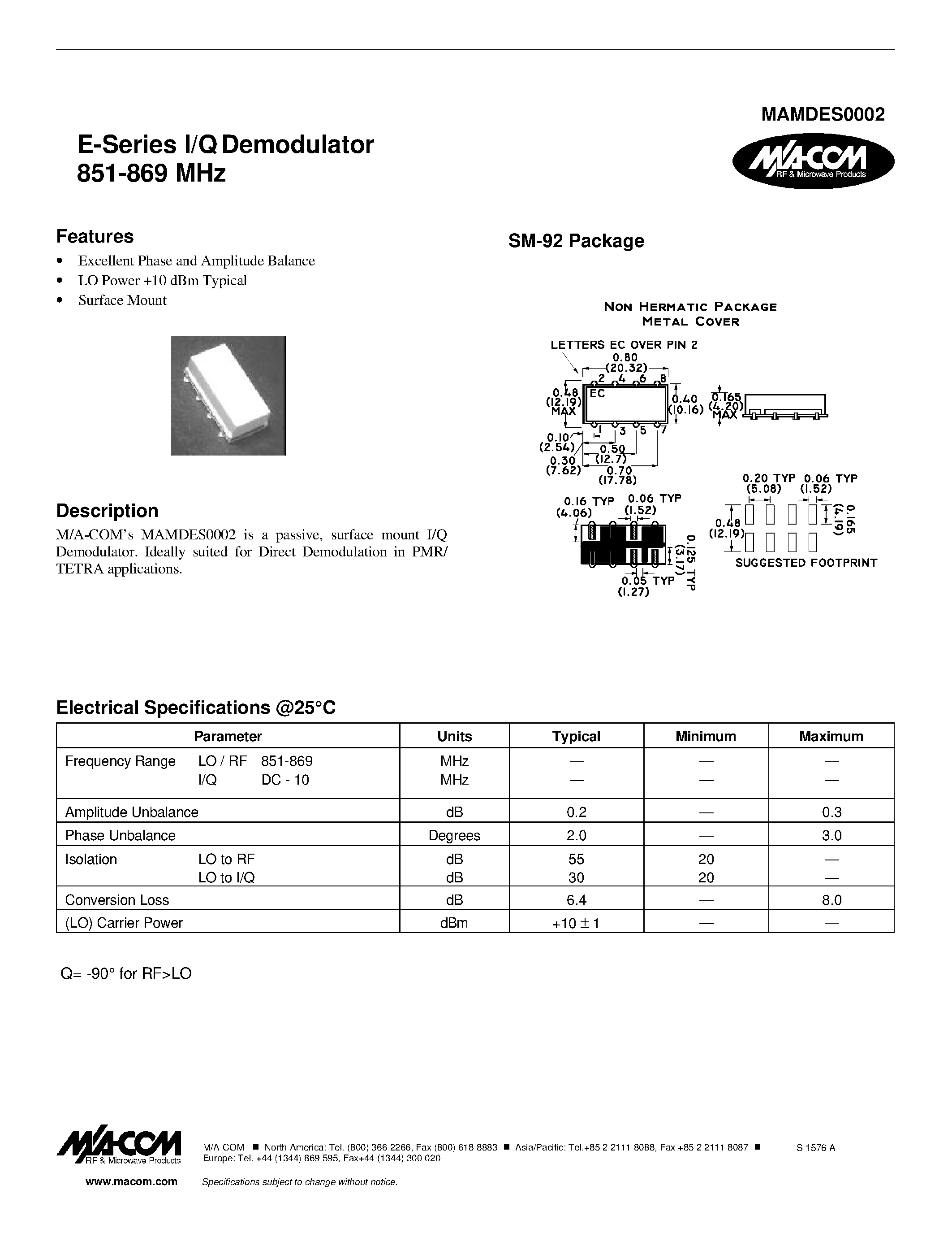 Даташит MAMDES0002 - E-Series I/Q Demodulator 851-869 MHz страница 1
