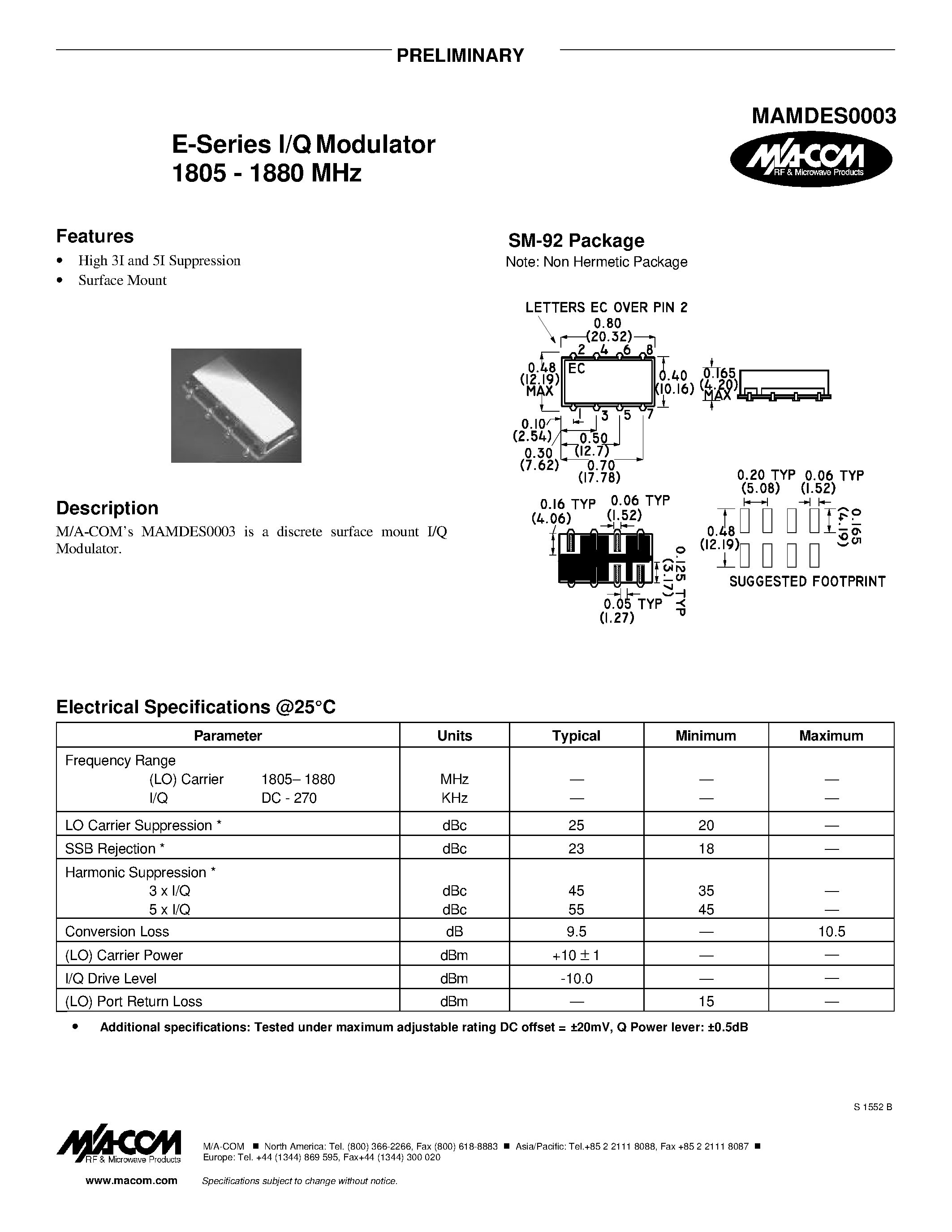 Даташит MAMDES0003 - E-Series I/Q Modulator 1805 - 1880 MHz страница 1