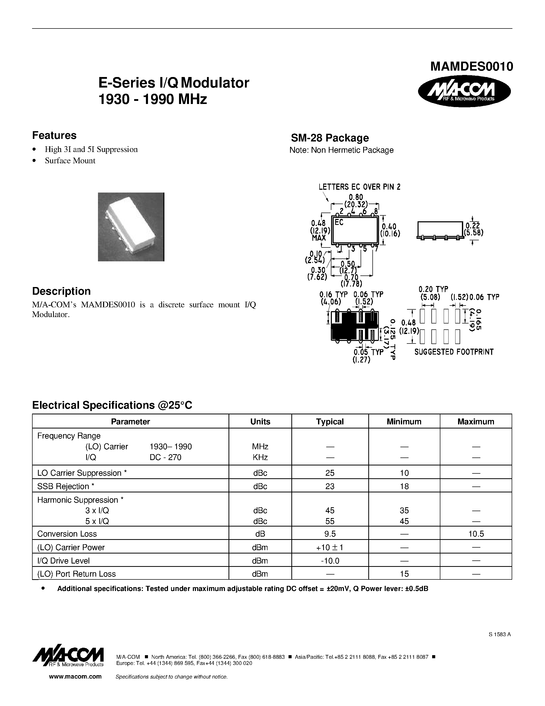 Datasheet MAMDES0010 - E-Series I/Q Modulator 1930 - 1990 MHz page 1