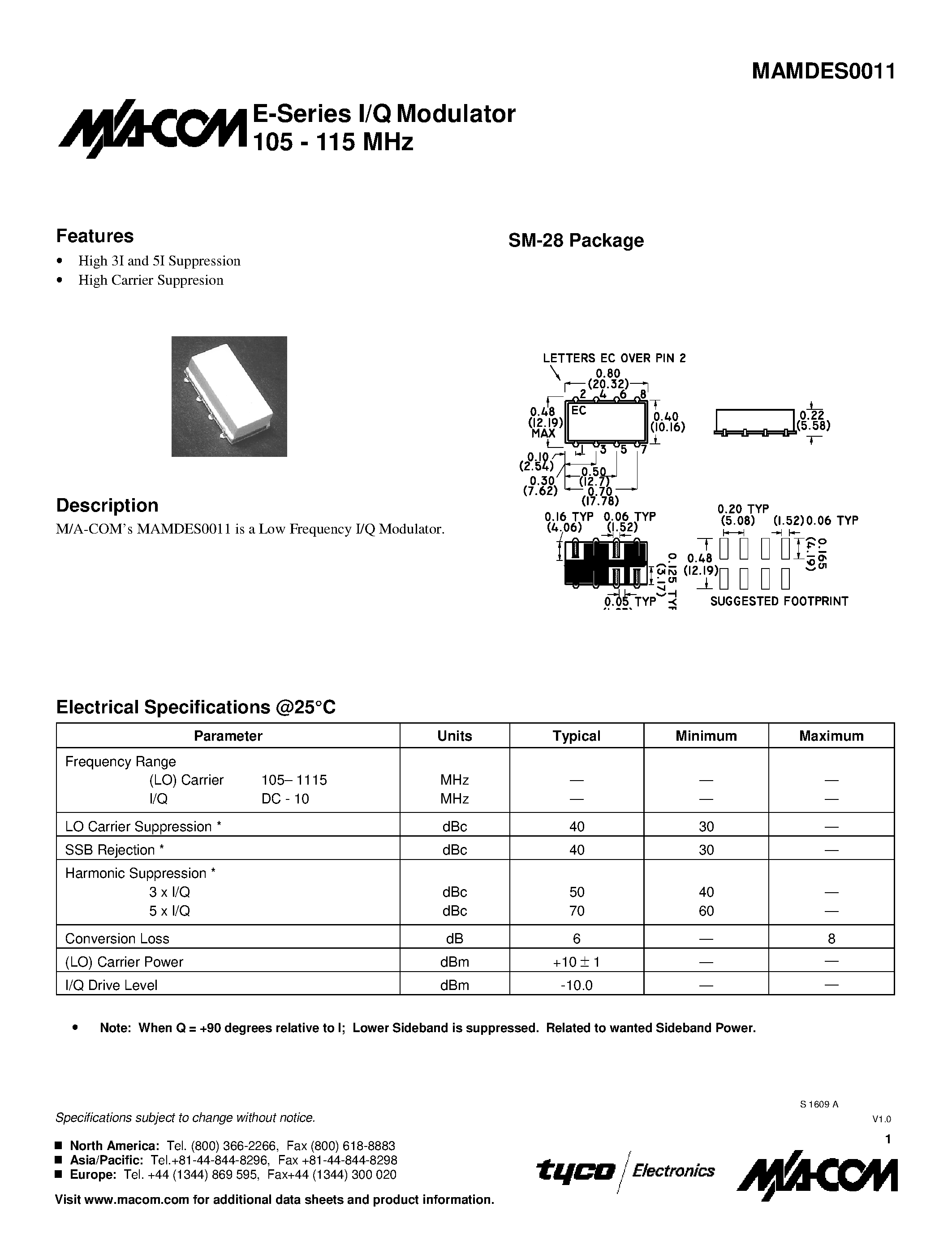 Datasheet MAMDES0011 - E-Series I/Q Modulator 105 - 115 MHz page 1