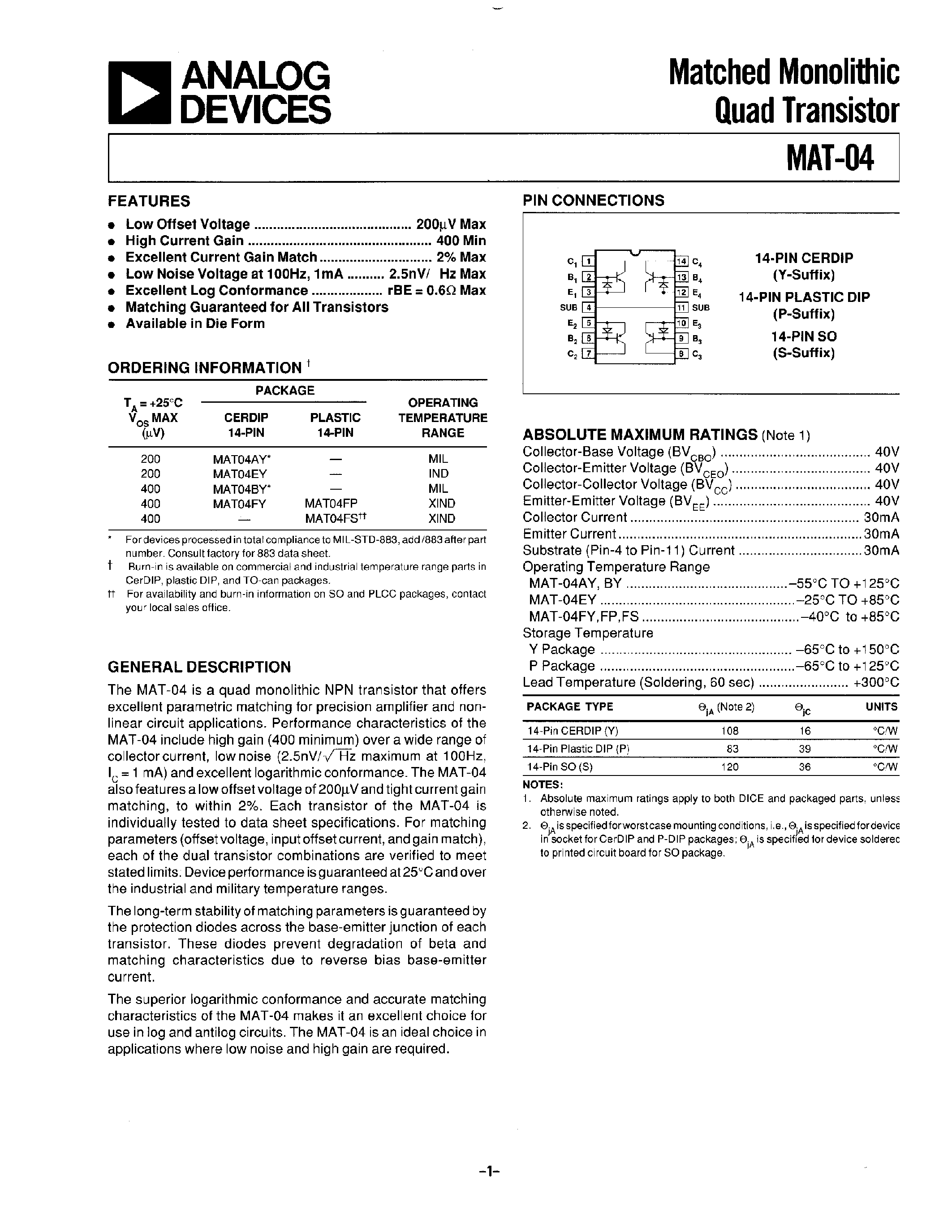 Datasheet MAT-04 - Matched Monolithic Quad Transistor page 1