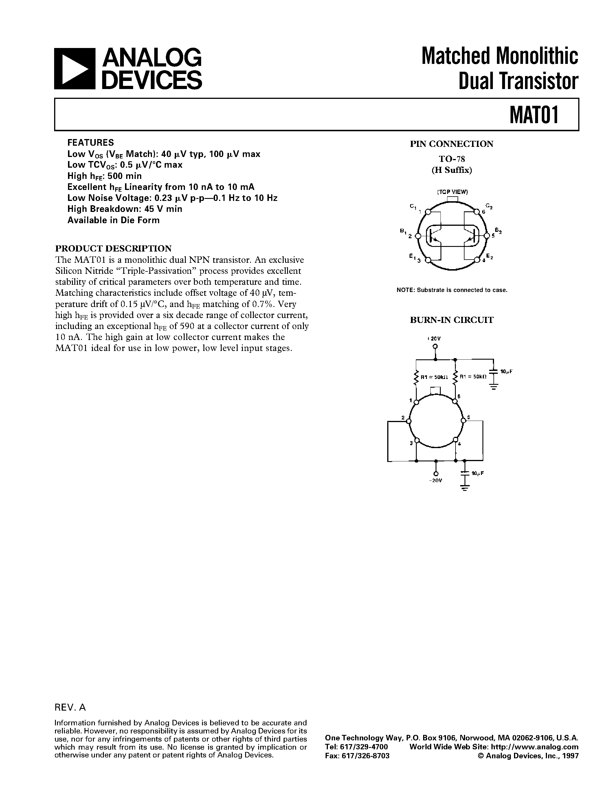 Datasheet MAT01 - Matched Monolithic Dual Transistor page 1