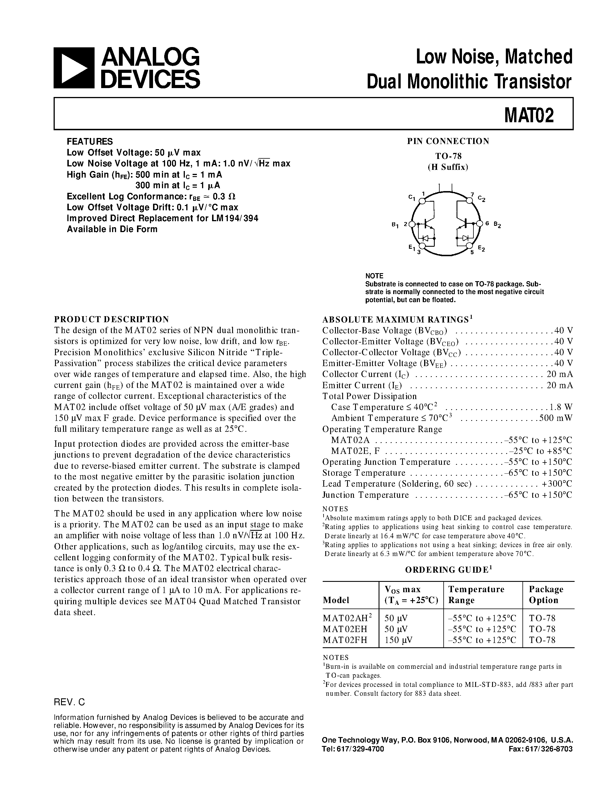 Datasheet MAT02 - Low Noise / Matched Dual Monolithic Transistor page 1