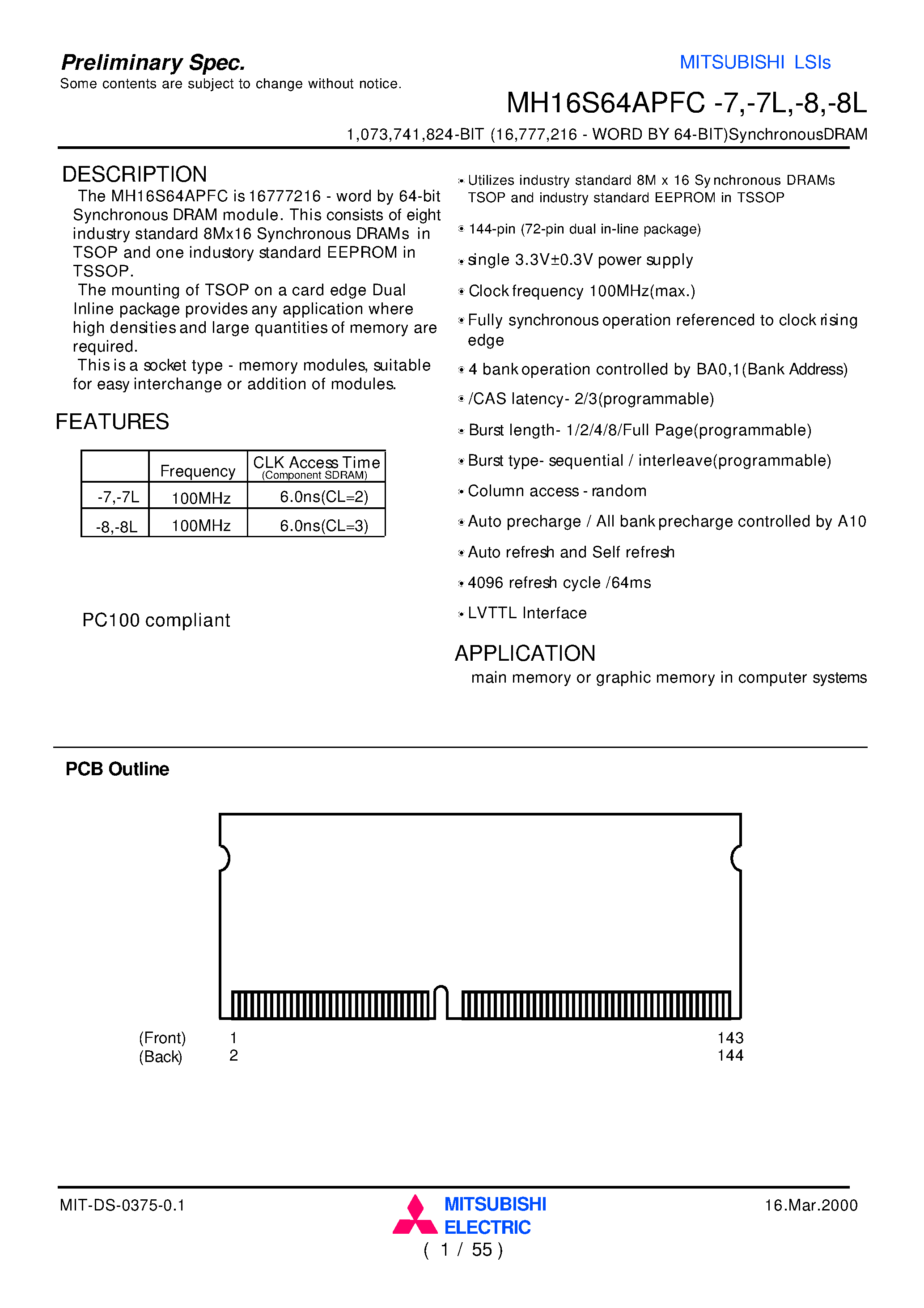 Даташит MH16S64APFC-7 - 1 /073 /741 /824-BIT (16 /777 /216 - WORD BY 64-BIT)SynchronousDRAM страница 1