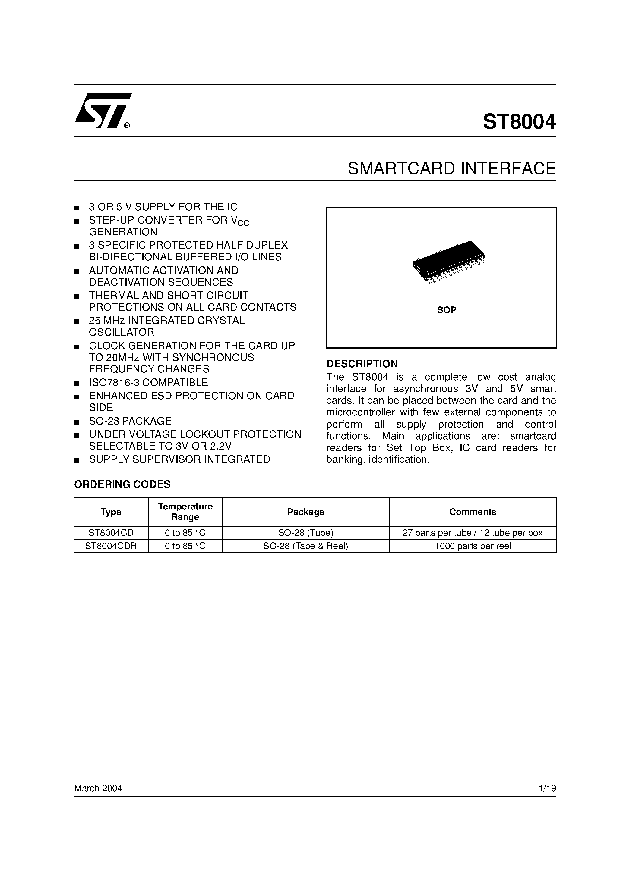 Datasheet ST8004 - SMARTCARD INTERFACE page 1