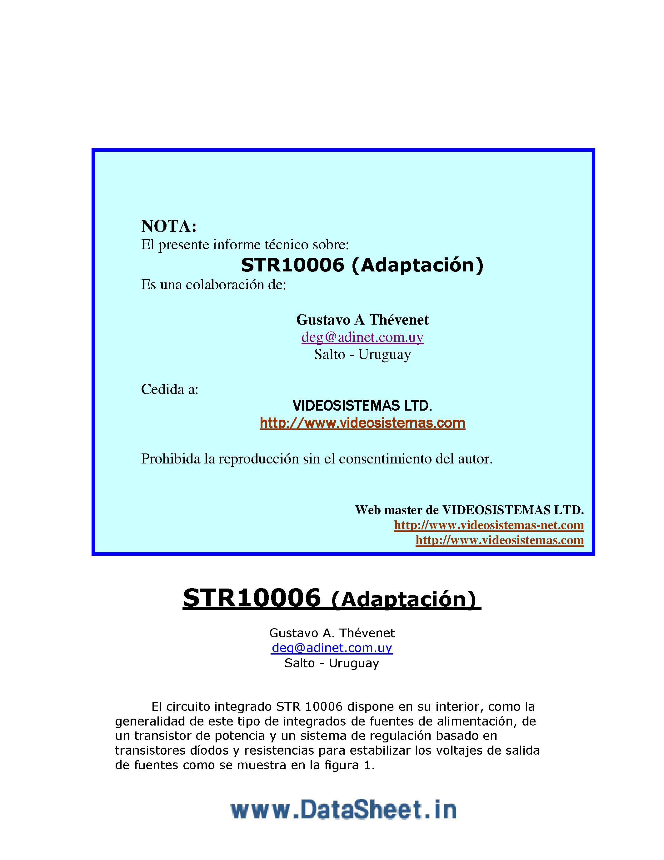 Datasheet STR10006 - Una forma Ingeniosa de Reparar los reguladores STR 10006 y similares / procedimiento aportado por Gustavo A page 1