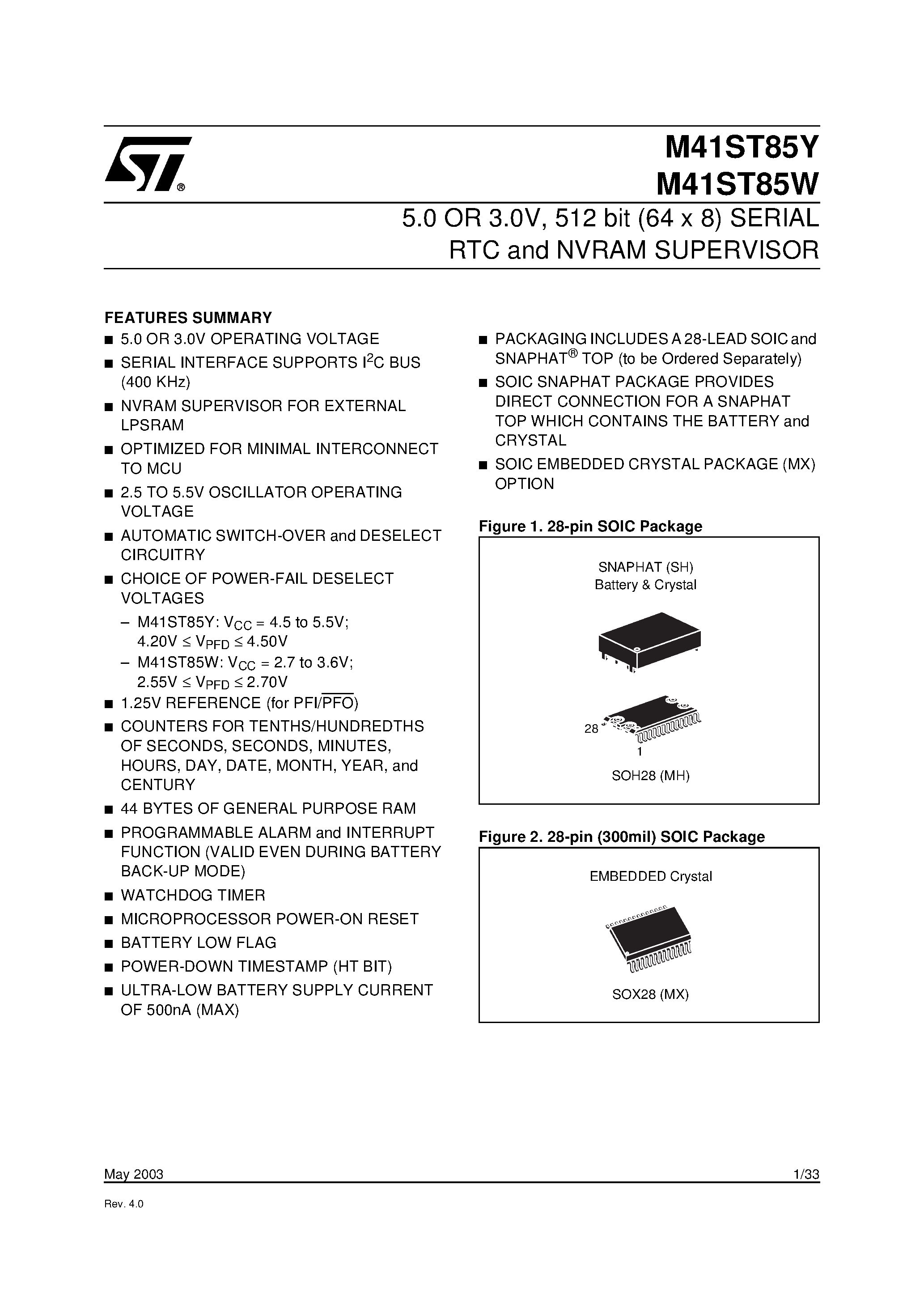 Datasheet M41ST85W - 5.0 OR 3.0V / 512 bit 64 x 8 SERIAL RTC and NVRAM SUPERVISOR page 1
