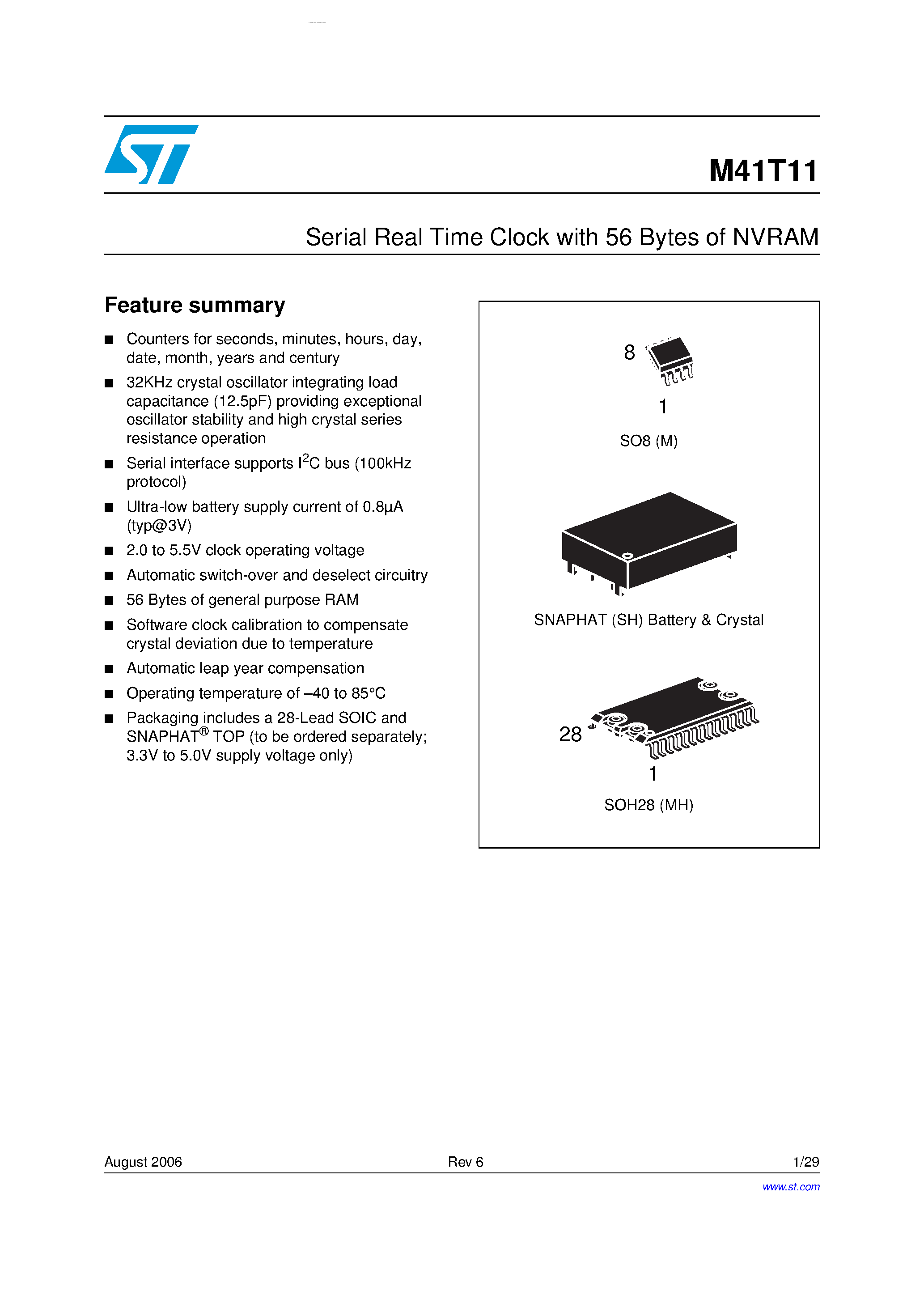 Datasheet M41T11SH - 512 bit 64b x8 Serial Access TIMEKEEPER SRAM page 1