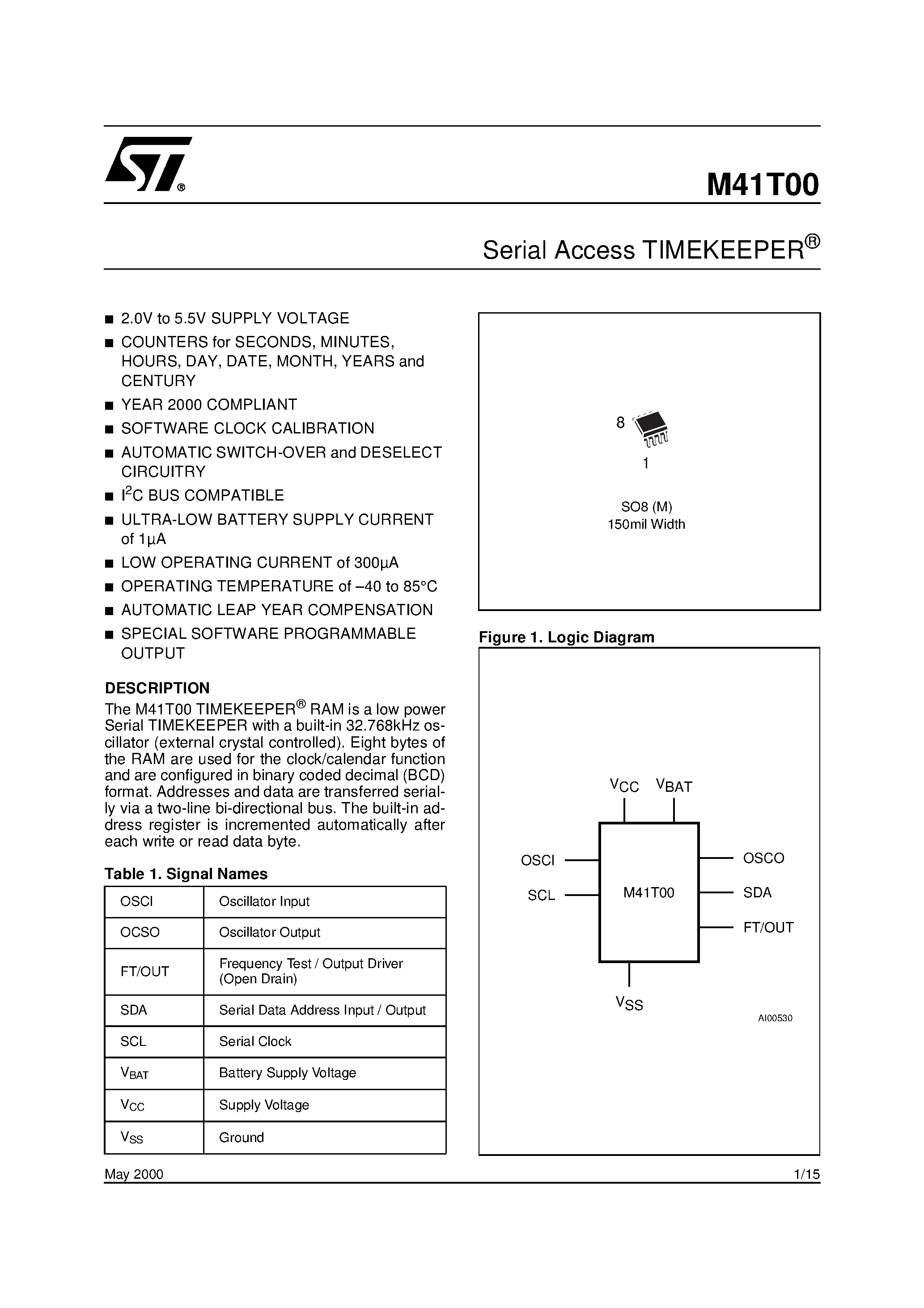Даташит M41TM6 - 512 bit 64b x8 Serial Access TIMEKEEPER SRAM страница 1