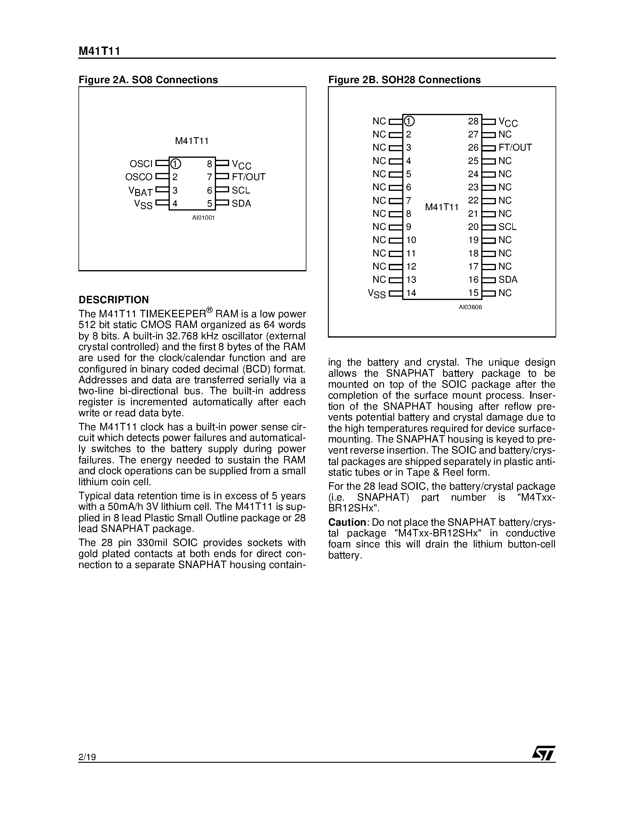 Даташит M41TMH6TR - 512 bit 64b x8 Serial Access TIMEKEEPER SRAM страница 2