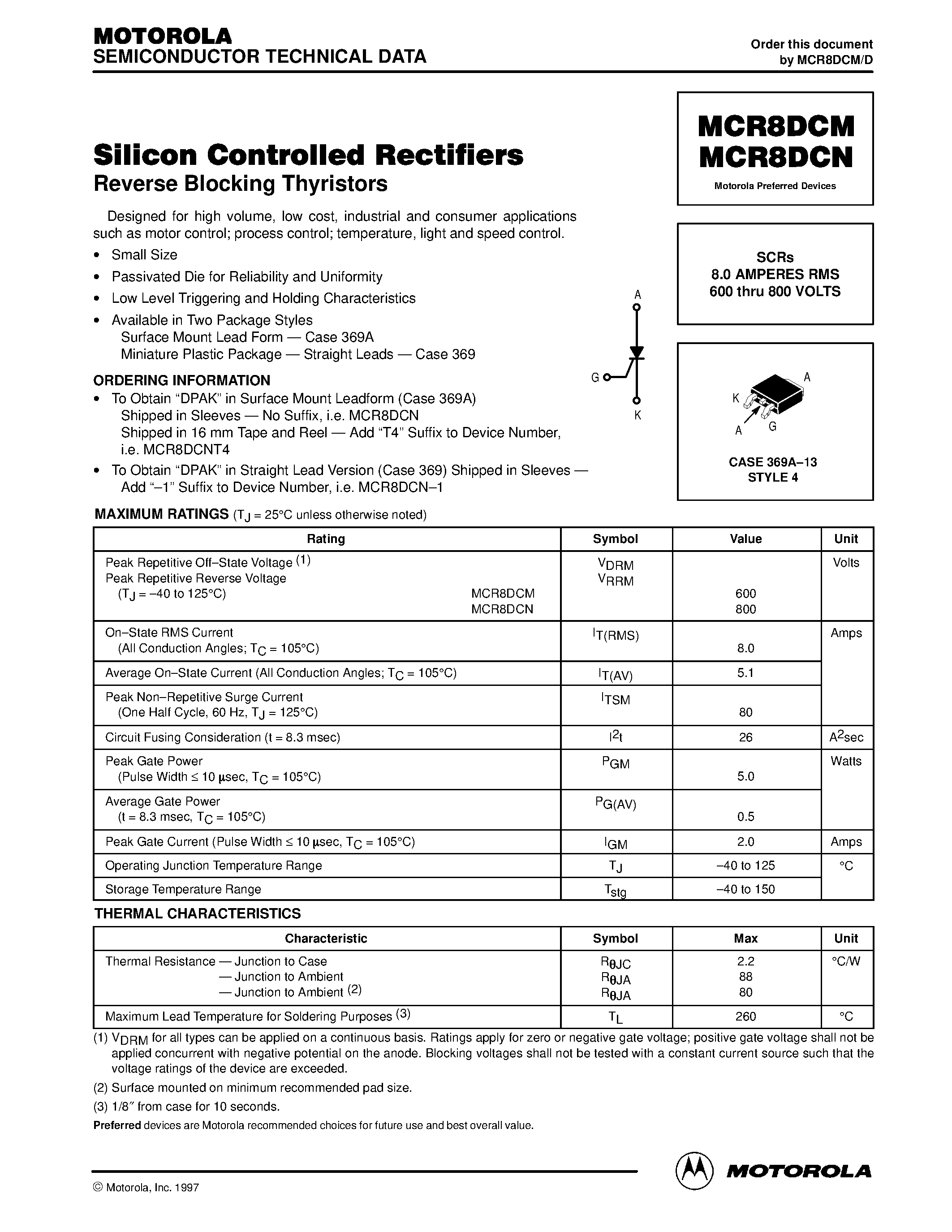 Даташит MCR8DCN - Silicon Controlled Rectifiers страница 1