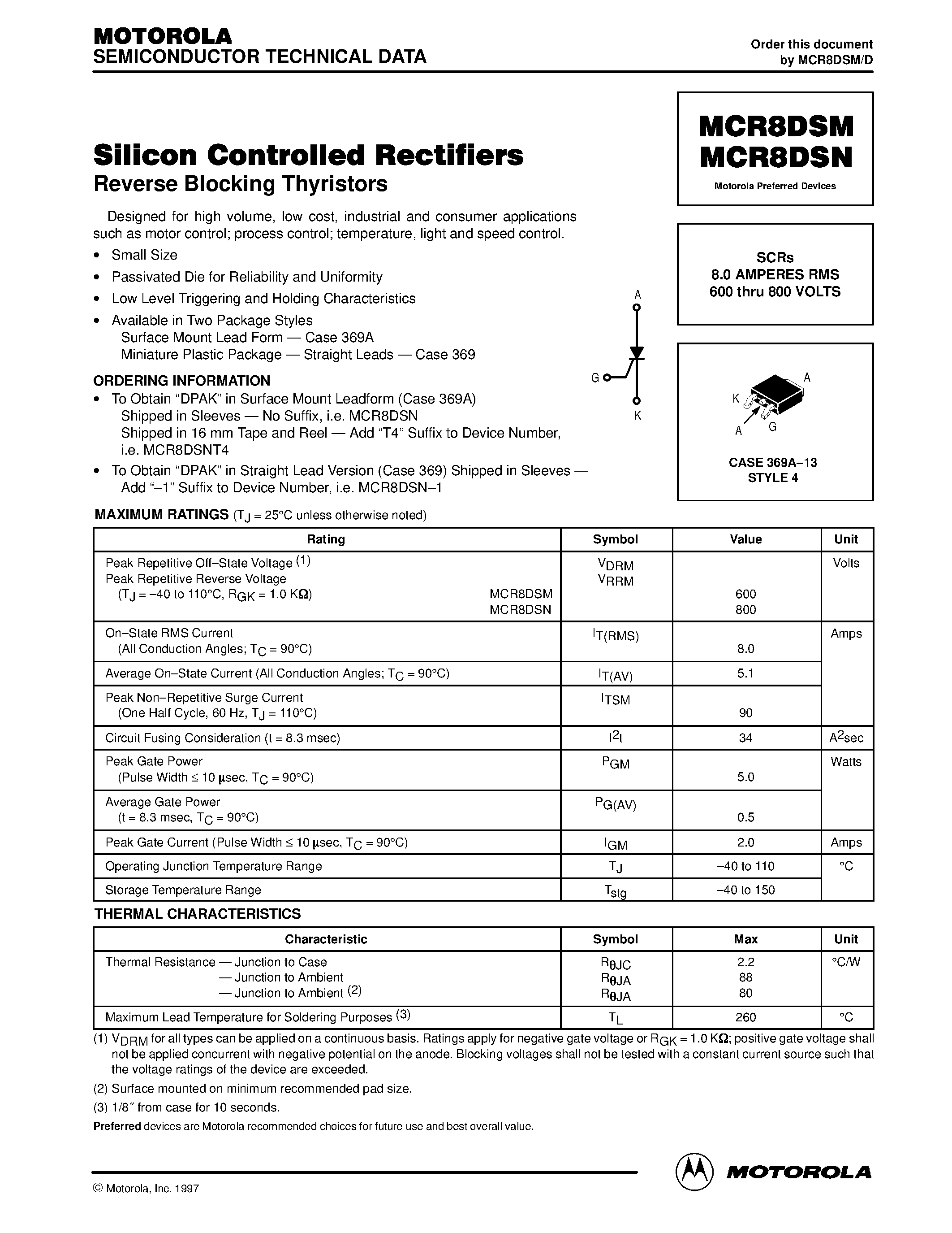 Datasheet MCR8DSN - Silicon Controlled Rectifiers page 1