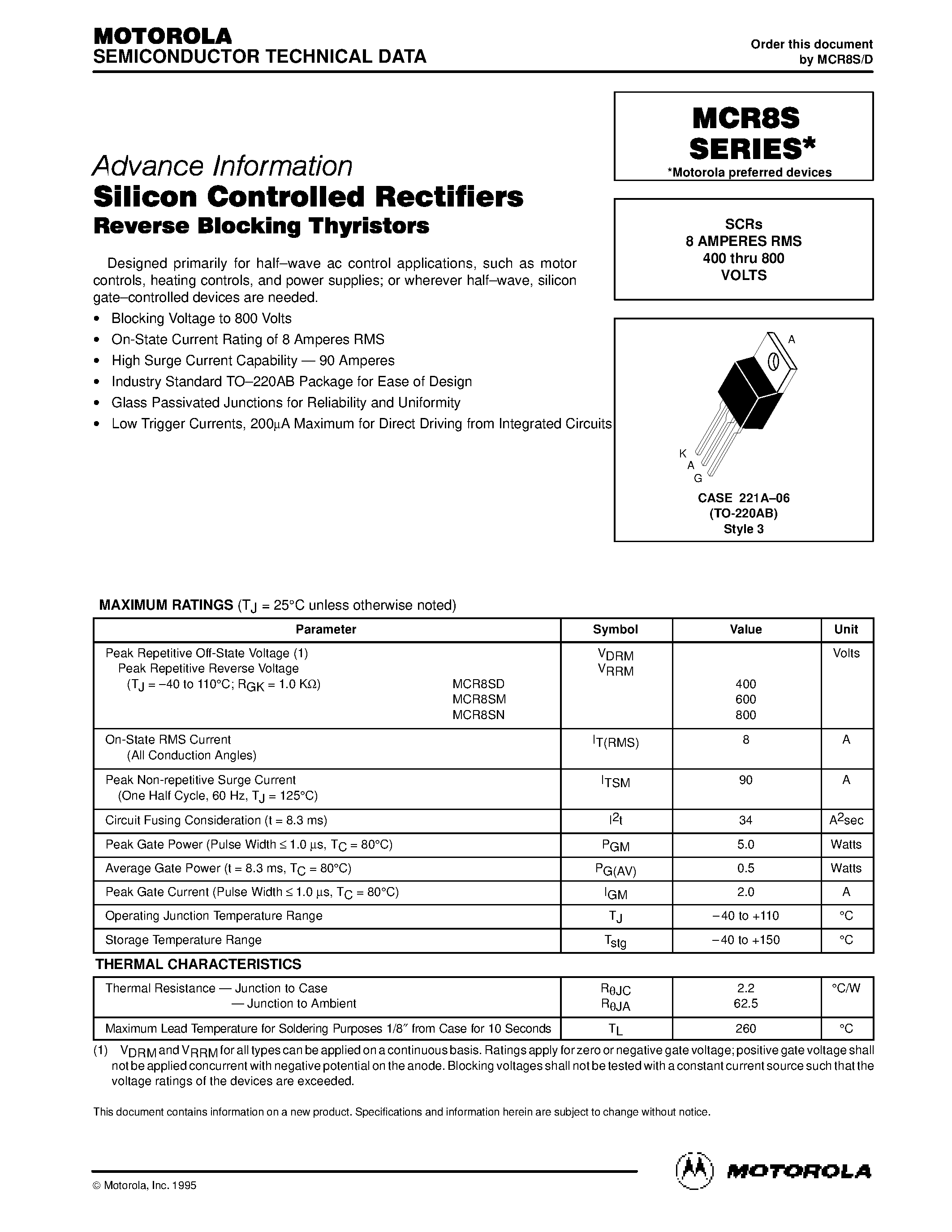 Datasheet MCR8S - Silicon Controlled Rectifiers page 1