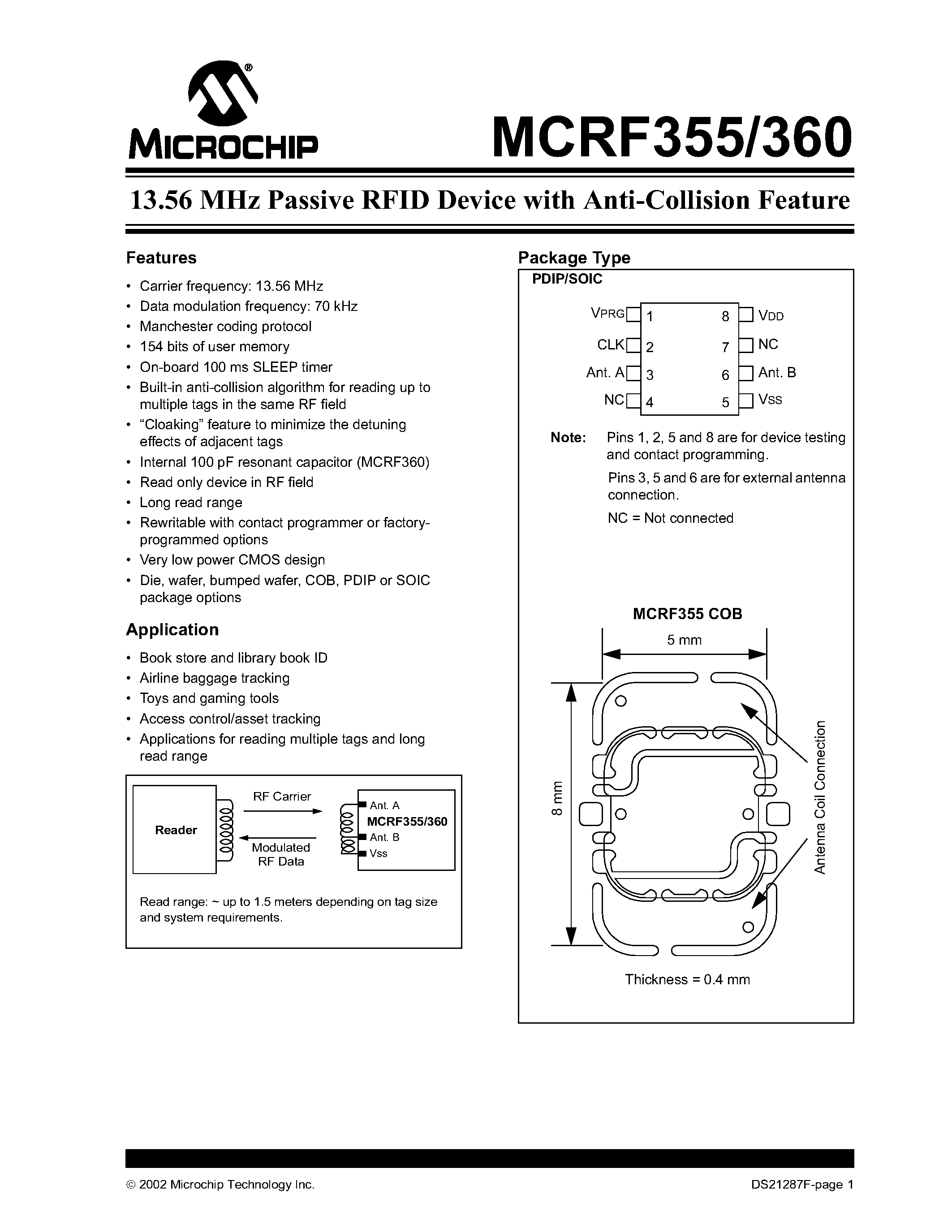 Datasheet MCRF355 - 13.56 MHz Passive RFID Device with Anti-Collision Feature page 1