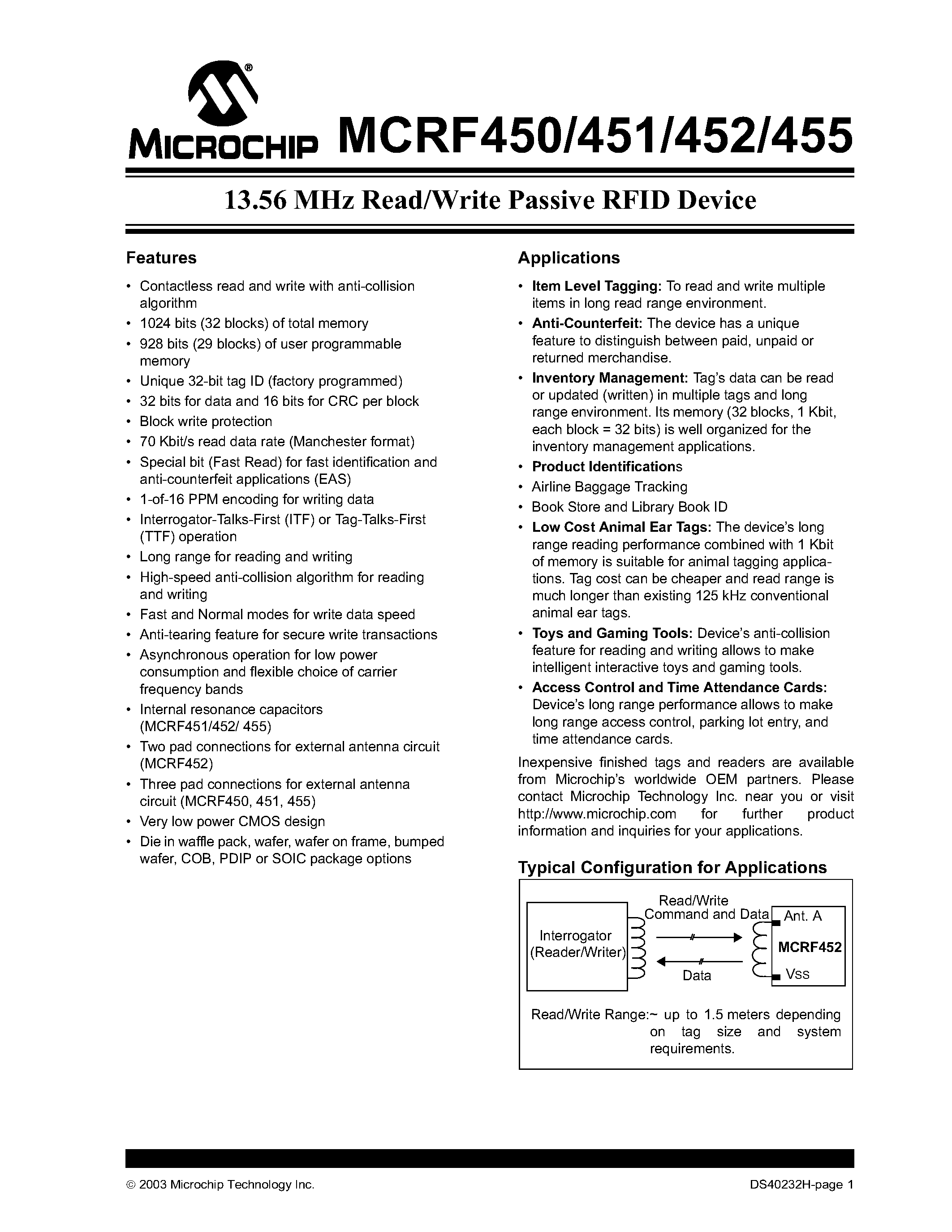 Datasheet MCRF452 - 13.56 MHz Read/Write Passive RFID Device page 1