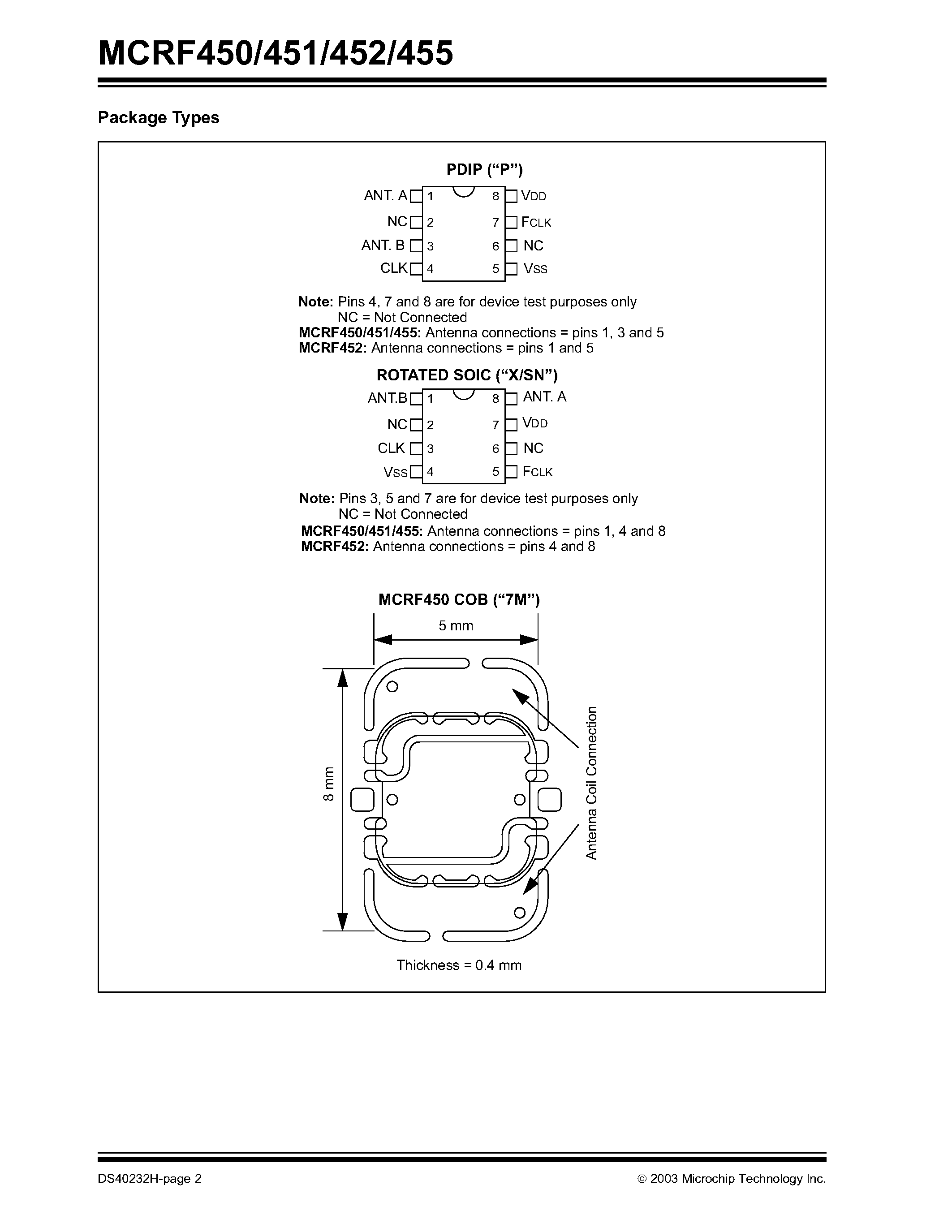 Datasheet MCRF452 - 13.56 MHz Read/Write Passive RFID Device page 2