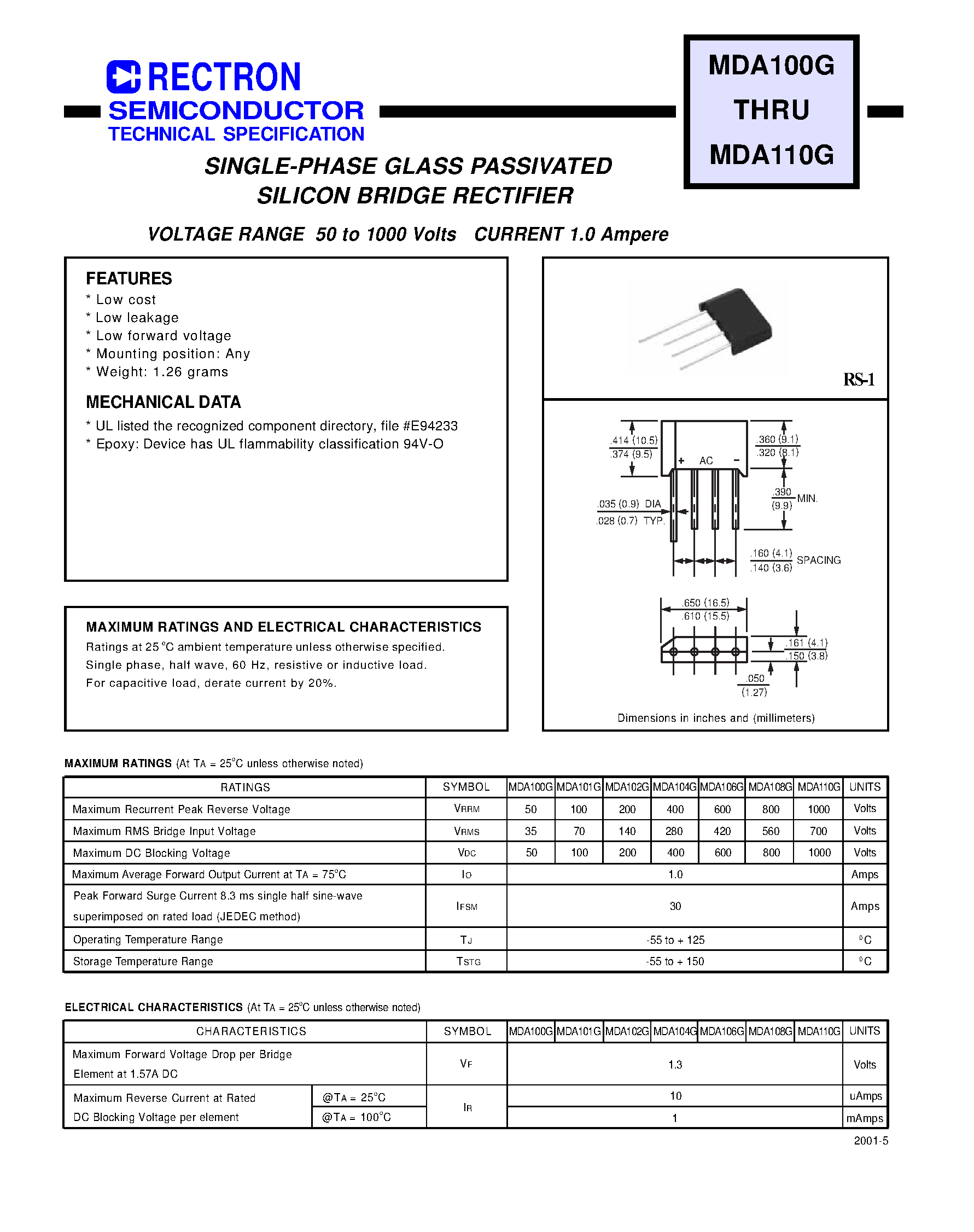Datasheet MDA100G - SINGLE-PHASE GLASS PASSIVATED SILICON BRIDGE RECTIFIER (VOLTAGE RANGE 50 to 1000 Volts CURRENT 1.0 Ampere) page 1