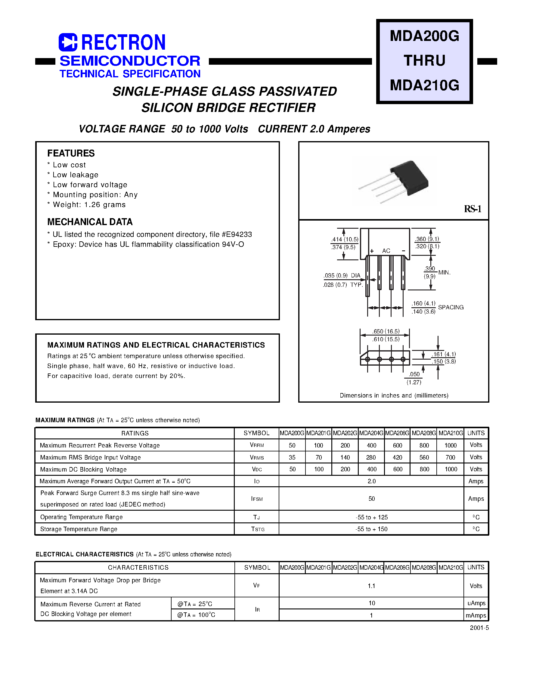 Datasheet MDA200 - SINGLE-PHASE GLASS PASSIVATED SILICON BRIDGE RECTIFIER (VOLTAGE RANGE 50 to 1000 Volts CURRENT 2.0 Amperes) page 1