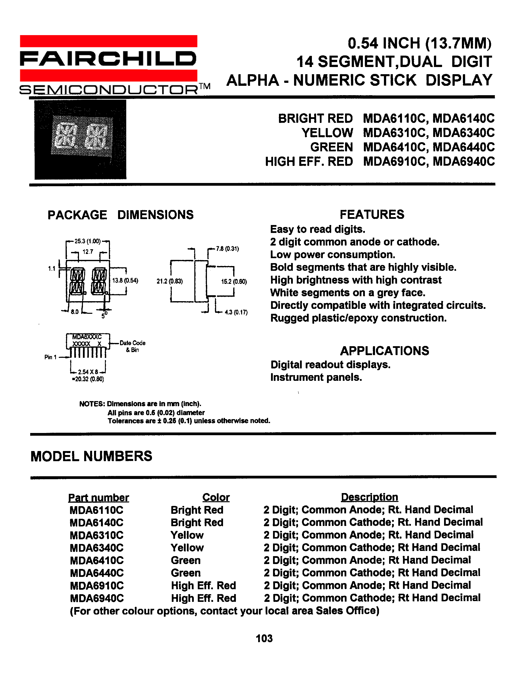 Datasheet MDA6410C - 0.54 INCH (13.7MM) 14 SEGMENT / DUAL DIGIT ALPHA-NUMERIC STICK DISPLAY page 1