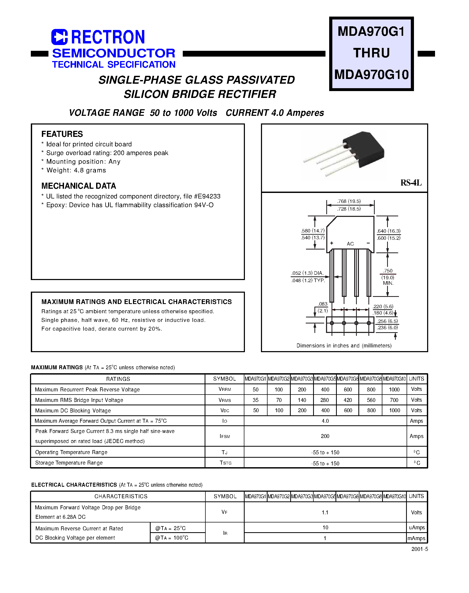 Datasheet MDA970G1 - SINGLE-PHASE GLASS PASSIVATED SILICON BRIDGE RECTIFIER (VOLTAGE RANGE 50 to 1000 Volts CURRENT 4.0 Amperes) page 1