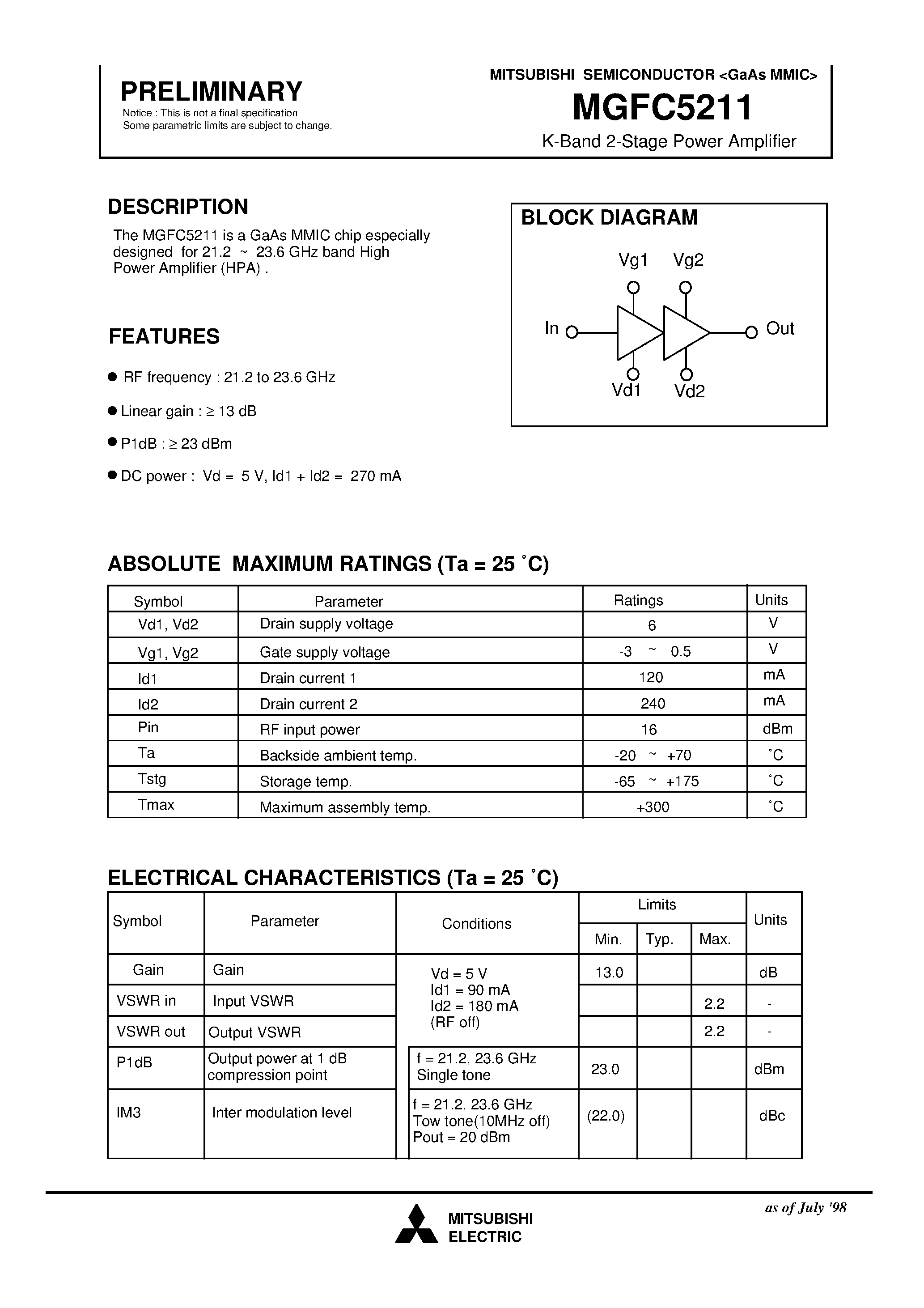 Datasheet MGFC5211 - K-Band 2-Stage Power Amplifier page 1